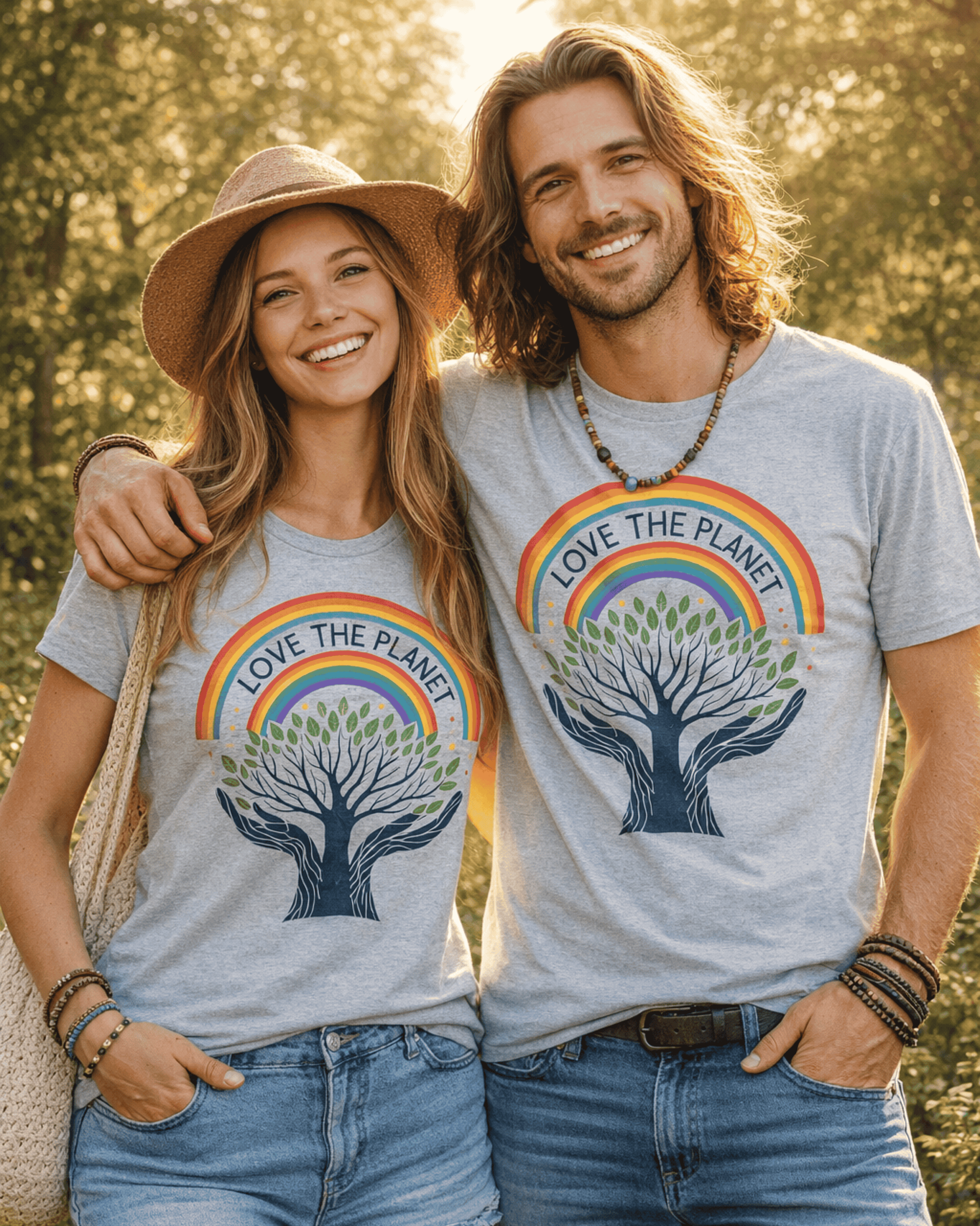 A happy couple models matching Love the Planet T-Shirts while embracing outdoors. Both are wearing the grey rainbow graphic tee, which showcases the inspiring Tree of Life design.