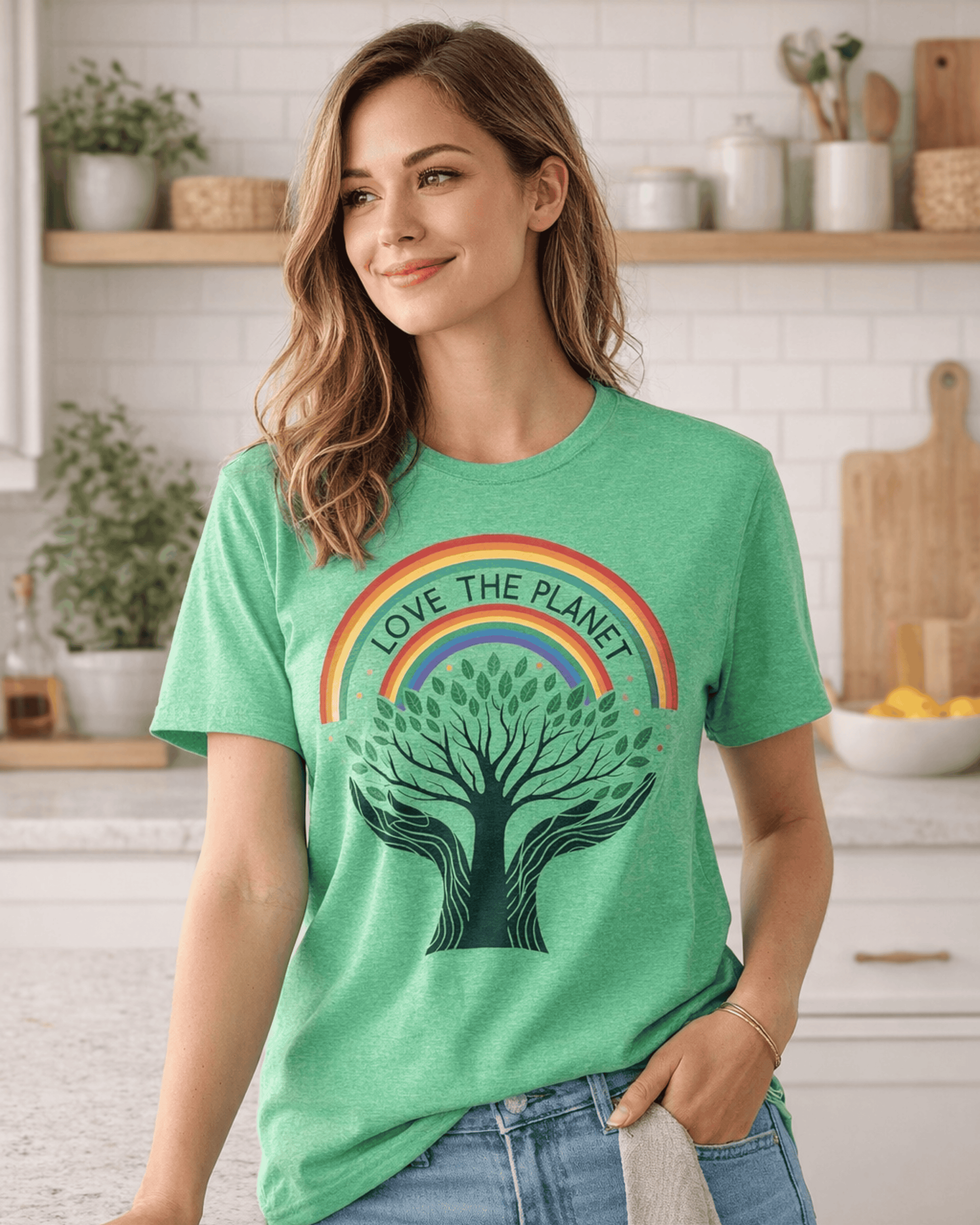 A woman models the heather green Love the Planet t-shirt in a bright kitchen, showing its vibrant rainbow and Tree of Life graphic.