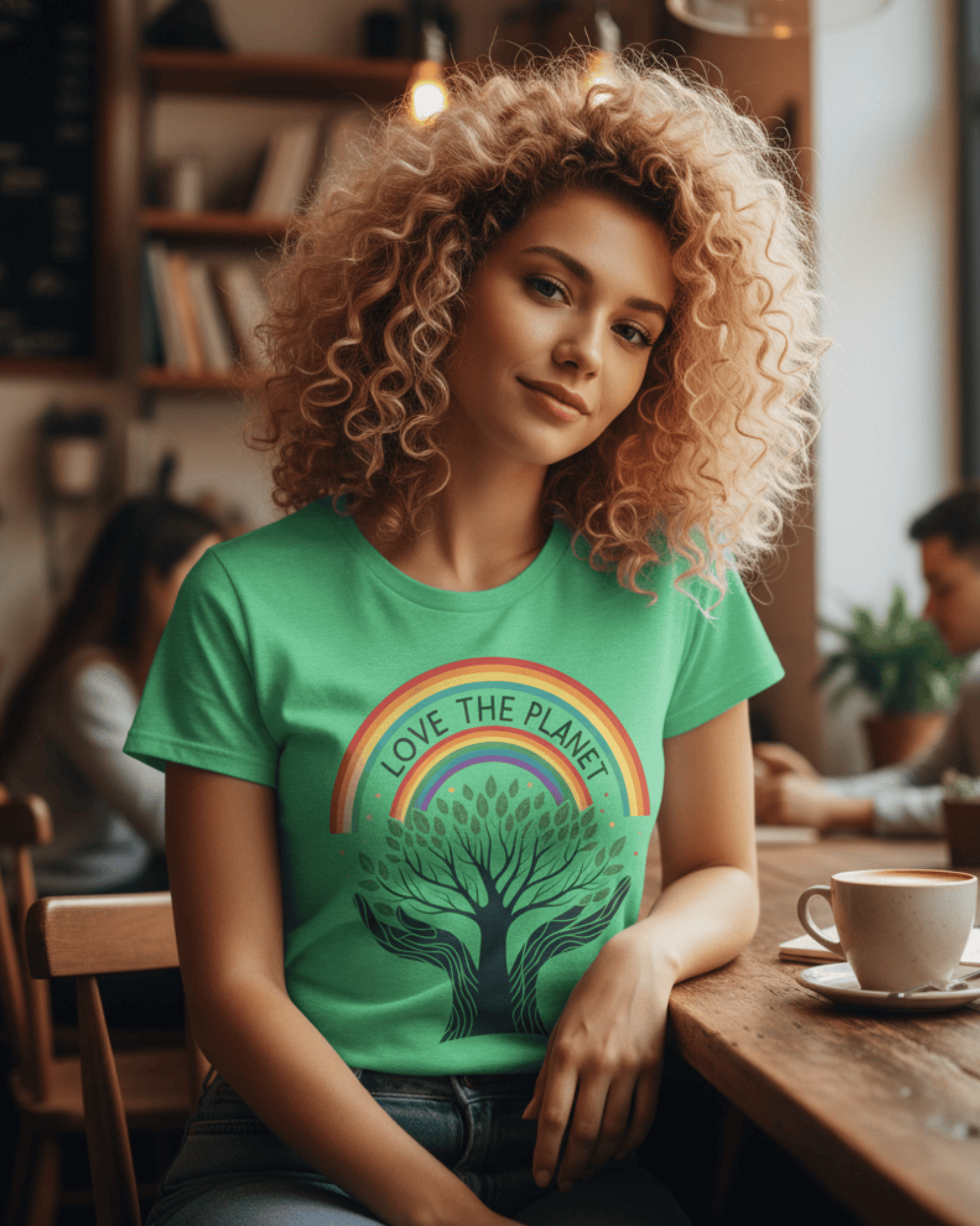 Close-up on a woman in a coffee shop wearing the green Tree of Life t-shirt, showing the detailed 'Love the Planet' text within the rainbow graphic.