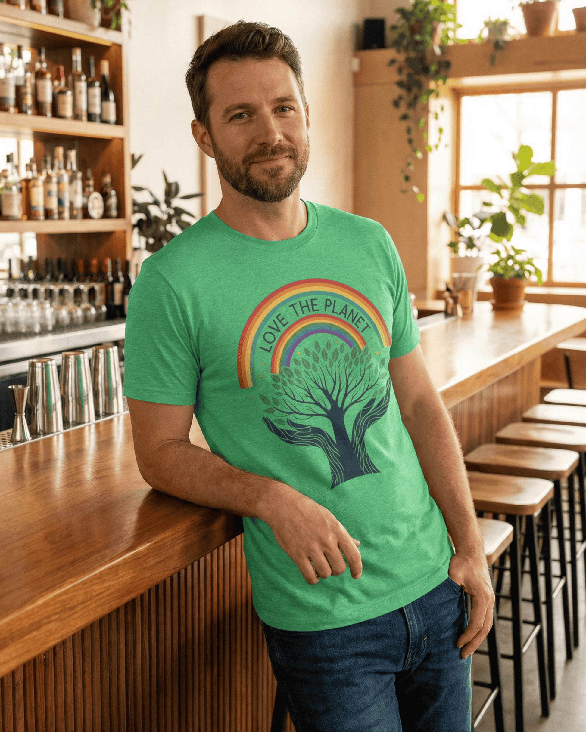 A man with a beard leans against a bar, smiling while wearing the stylish green Love the Planet rainbow shirt with a Tree of Life design.