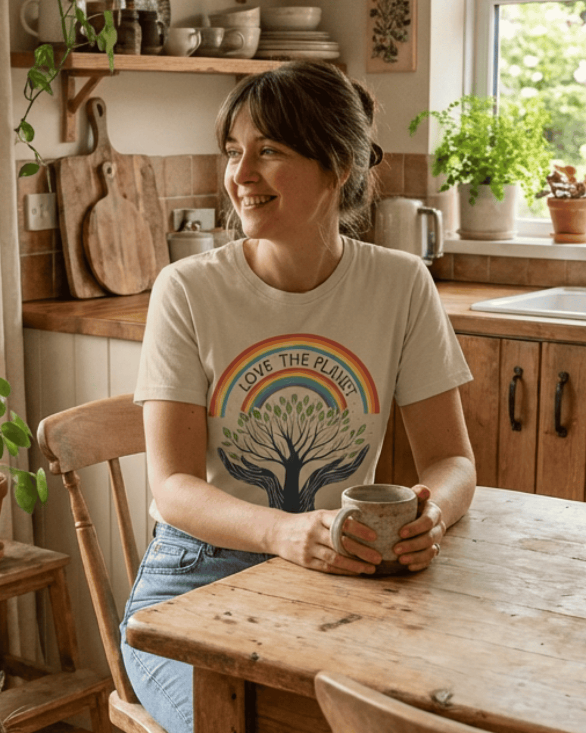 Lifestyle image of a smiling woman sitting at a rustic wooden table, wearing the 'Love the Planet' graphic tee featuring its unique Tree of Life and rainbow art.