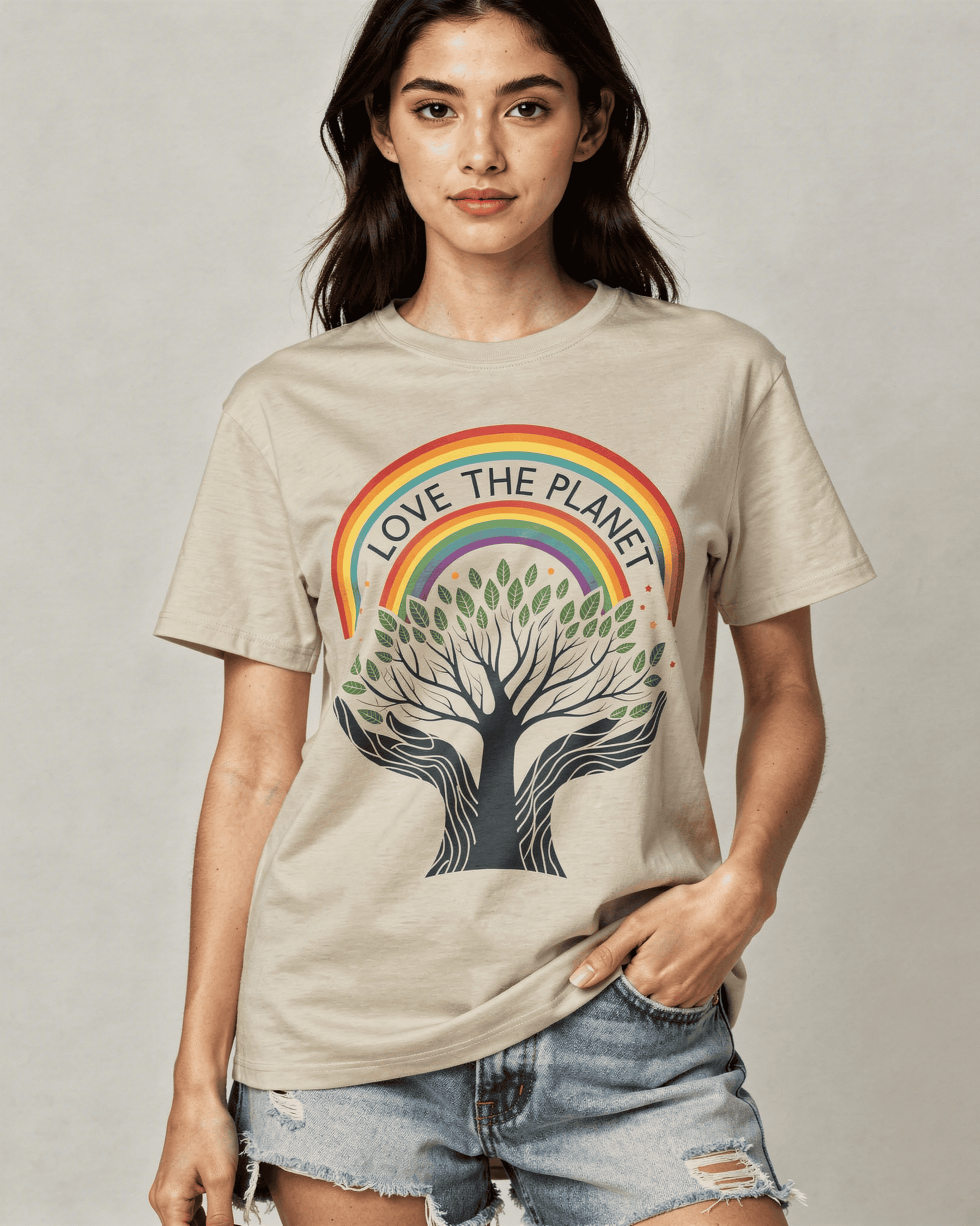 Model wears the beige 'Love the Planet' t-shirt against a studio background. The graphic features a Tree of Life held by caring hands under a vibrant rainbow.
