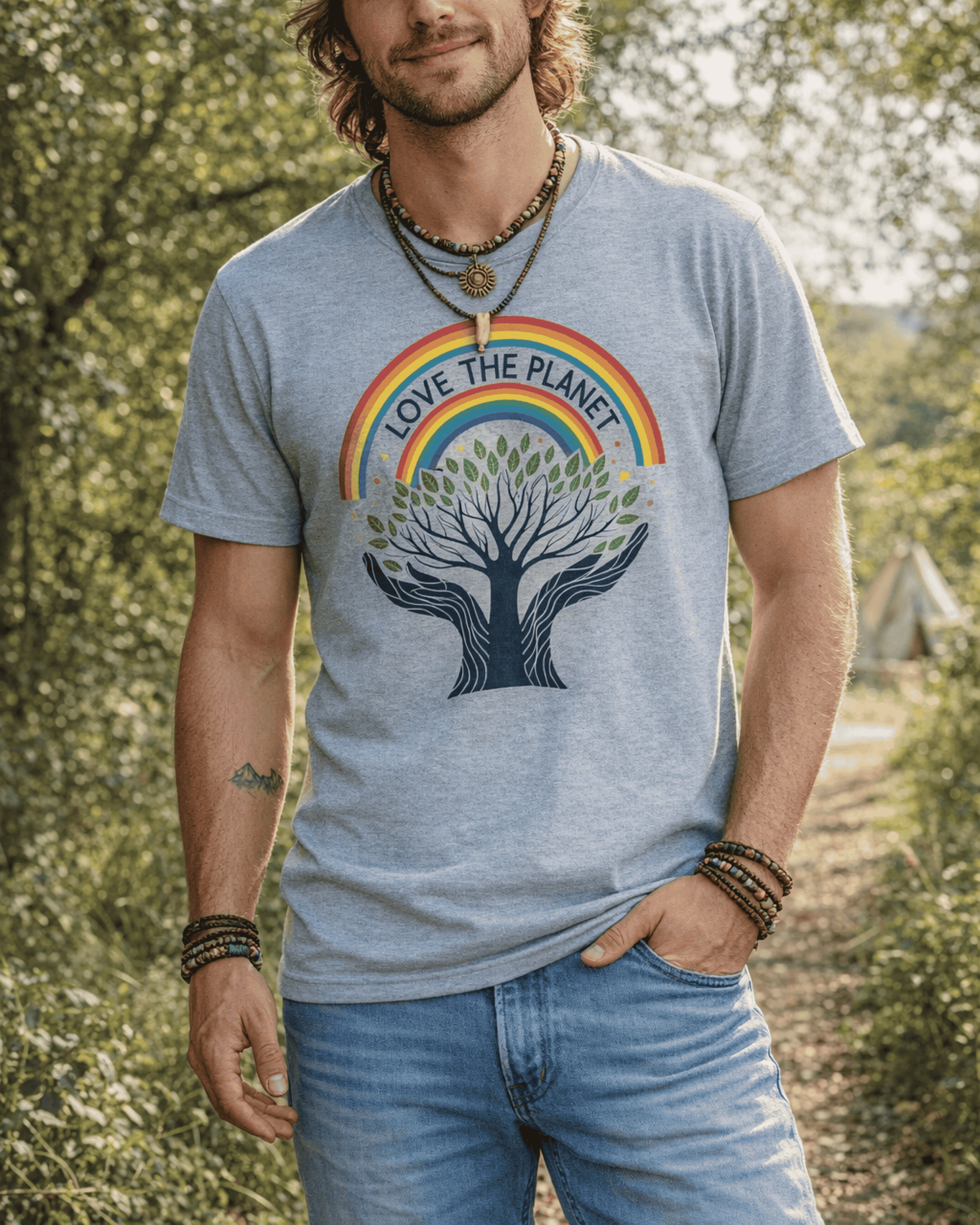 A man wearing the grey Love the Planet T-Shirt stands in a sun-dappled forest. The shirt's design is clearly visible, featuring a vibrant rainbow graphic and a unique Tree of Life being held by two hands.
