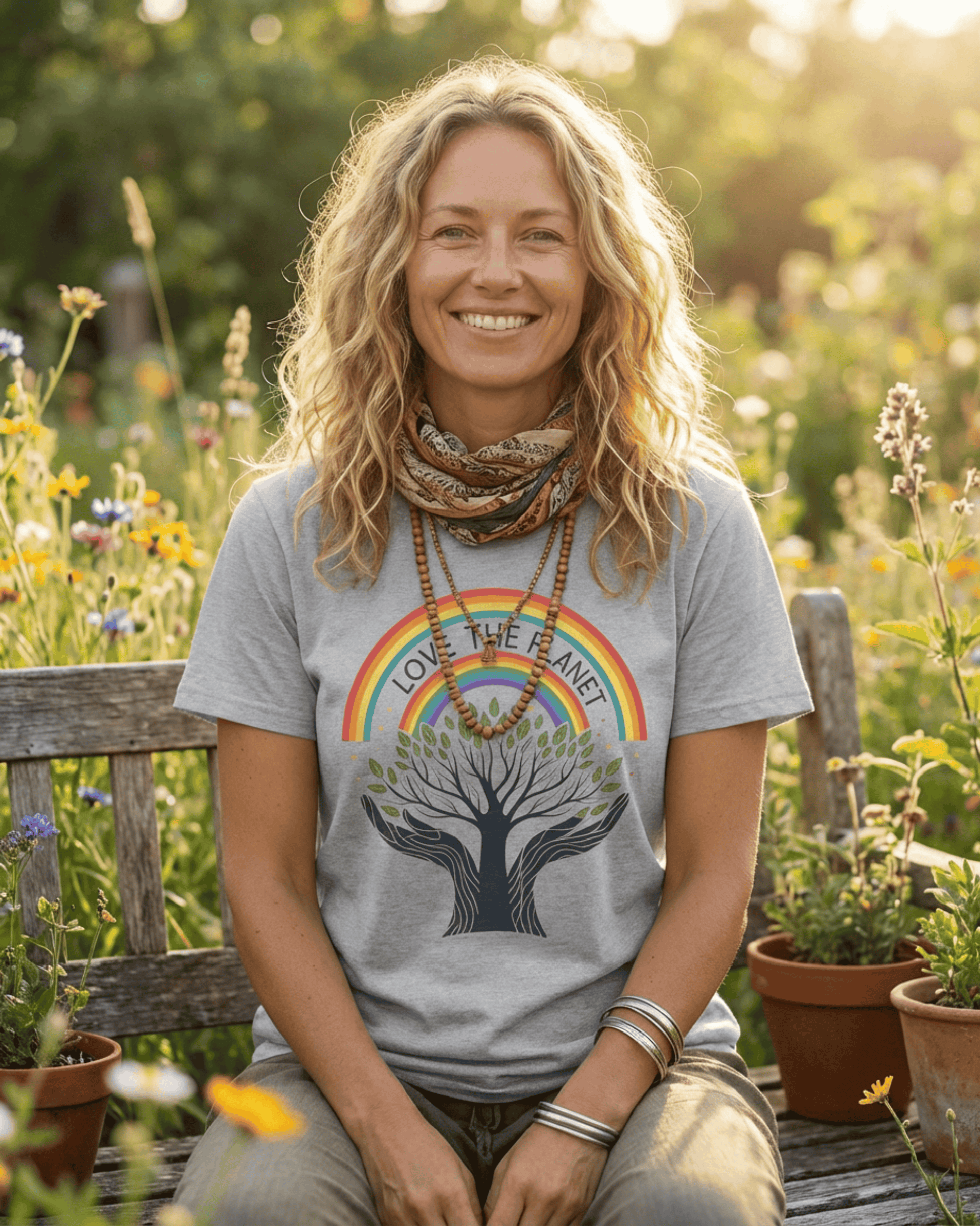 A woman smiles while sitting on a wooden bench in a lush flower garden, wearing her 'Love the Planet' rainbow graphic tee. The Tree of Life design on her shirt complements the natural setting.