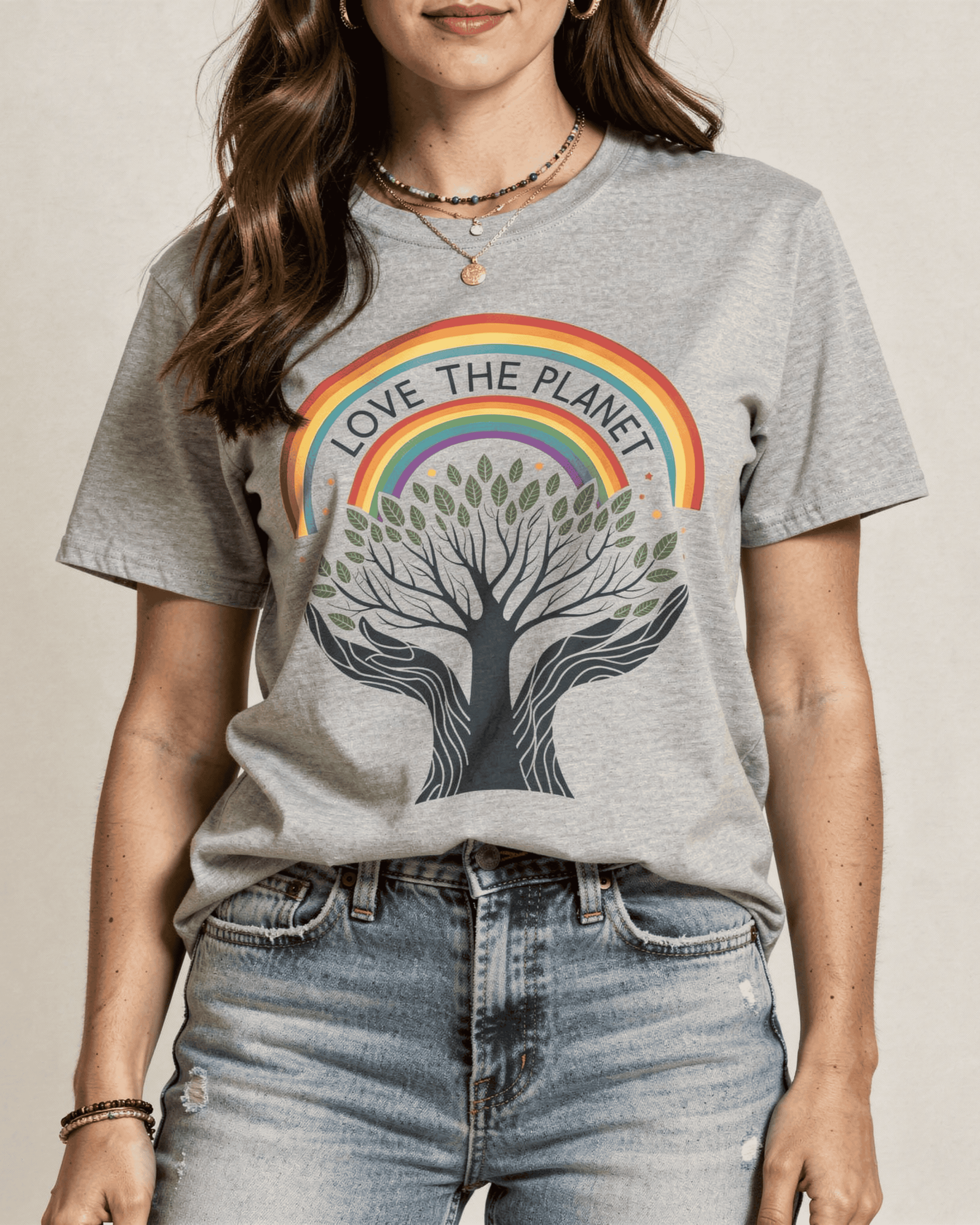 Detailed front view of the Love the Planet T-Shirt. The rainbow graphic tee features the words "LOVE THE PLANET" above a detailed Tree of Life illustration that is cradled by two hands.