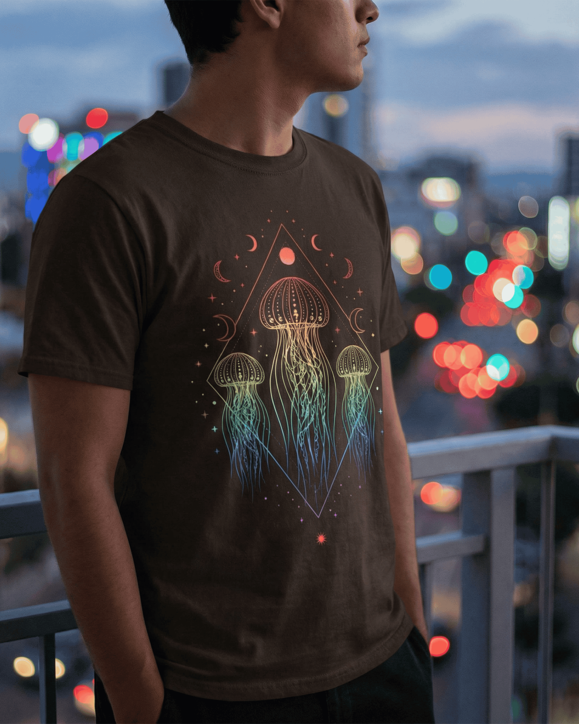 Man wearing the dark brown Celestial Boho Ocean Lover shirt while looking out over a city at night. The vibrant colors of the jellyfish graphic pop against the dark shirt and the colorful bokeh lights of the city skyline.