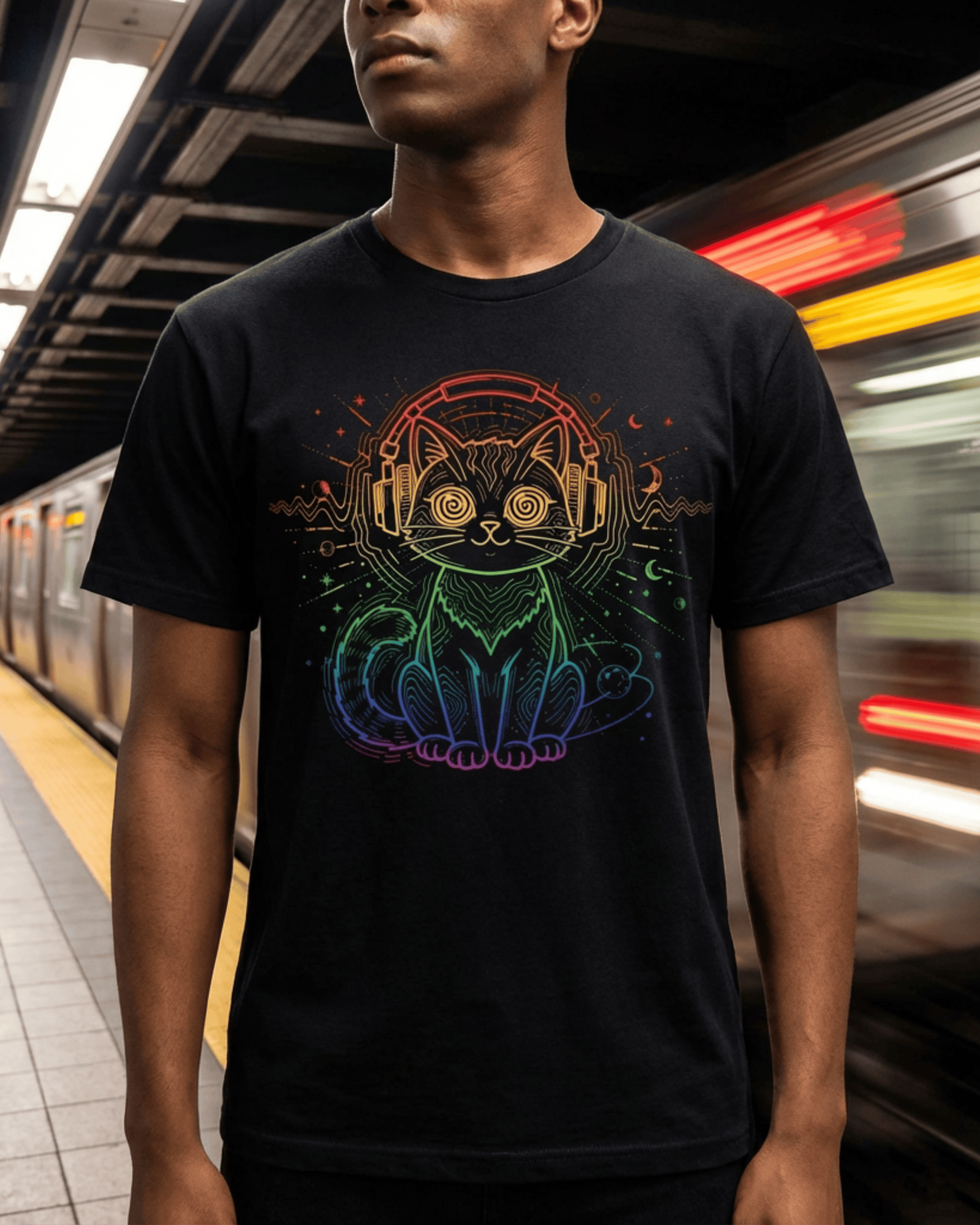 A man models the black Retro Rave Techno Shirt while standing on a subway platform. The bright, colorful EDM DJ cat graphic stands out in the urban environment, perfect for a night out.