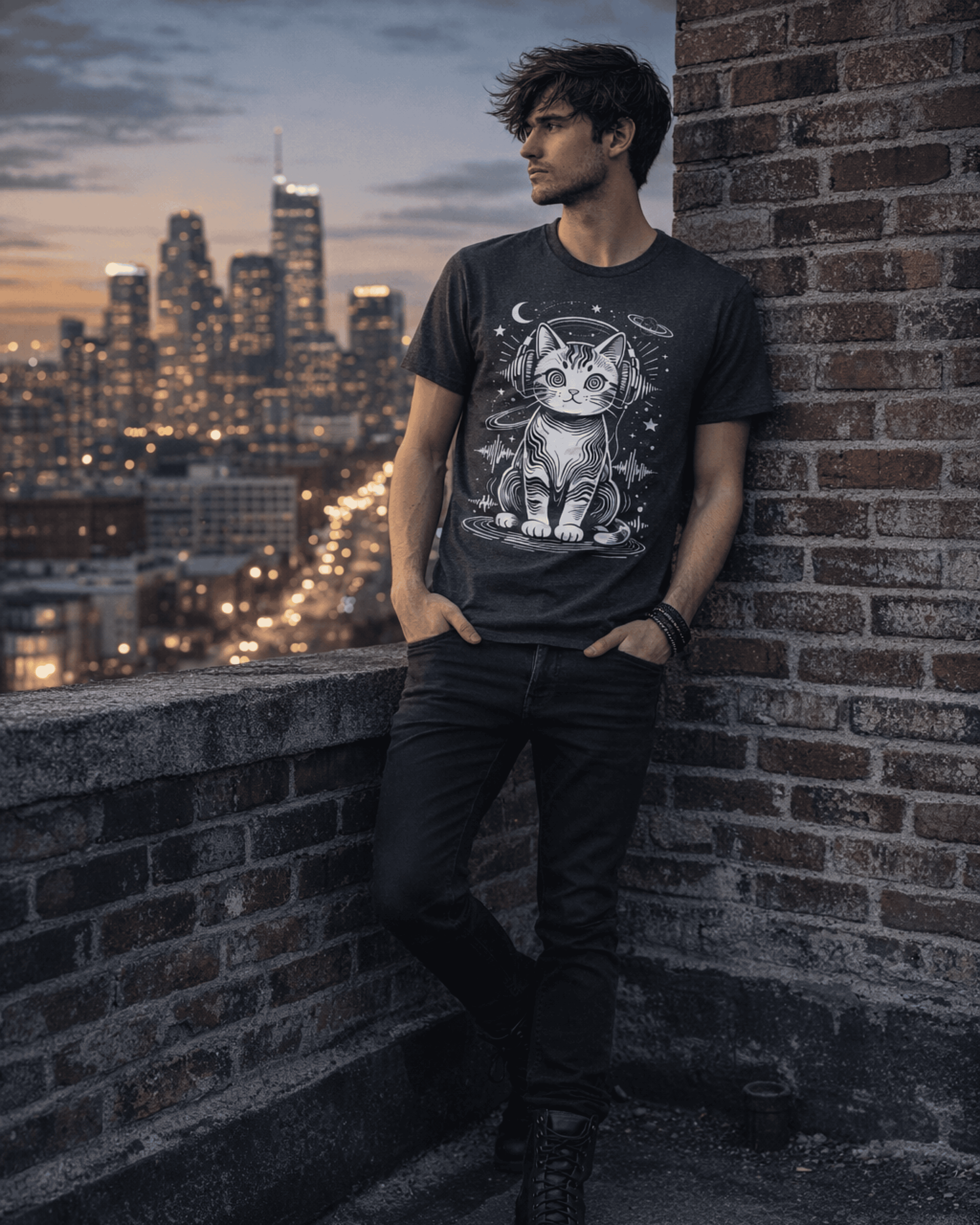 A man models the heather grey Techno T-Shirt, leaning against a brick wall on a rooftop overlooking a sparkling city skyline at dusk, showing off the cool fit of the retro rave graphic tee.
