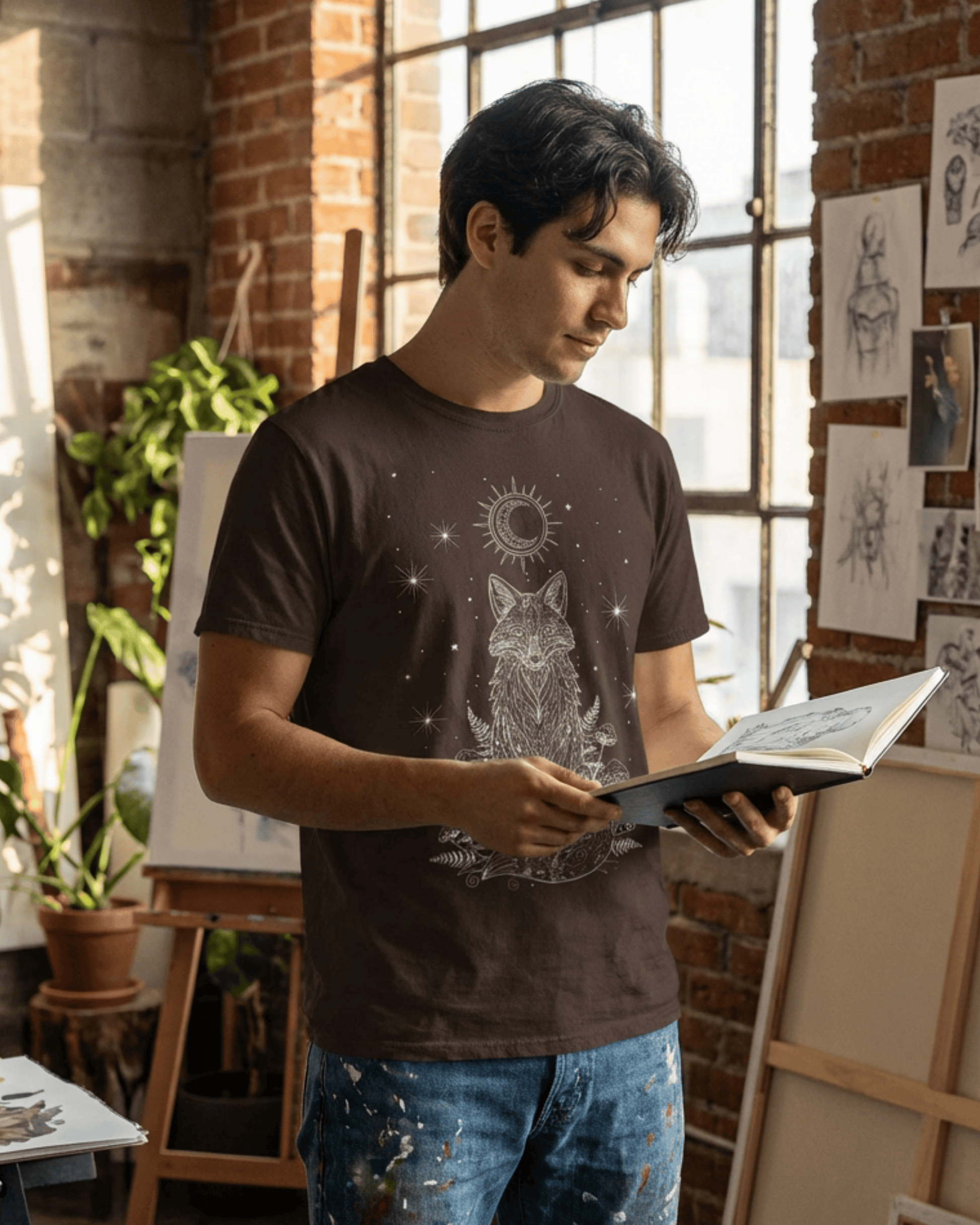 A male artist standing in a sunlit studio holding an open sketchbook, wearing a brown Celestial Tshirt with a detailed graphic of a fox and moon, showcasing the fit of the T-Shirt in a creative setting