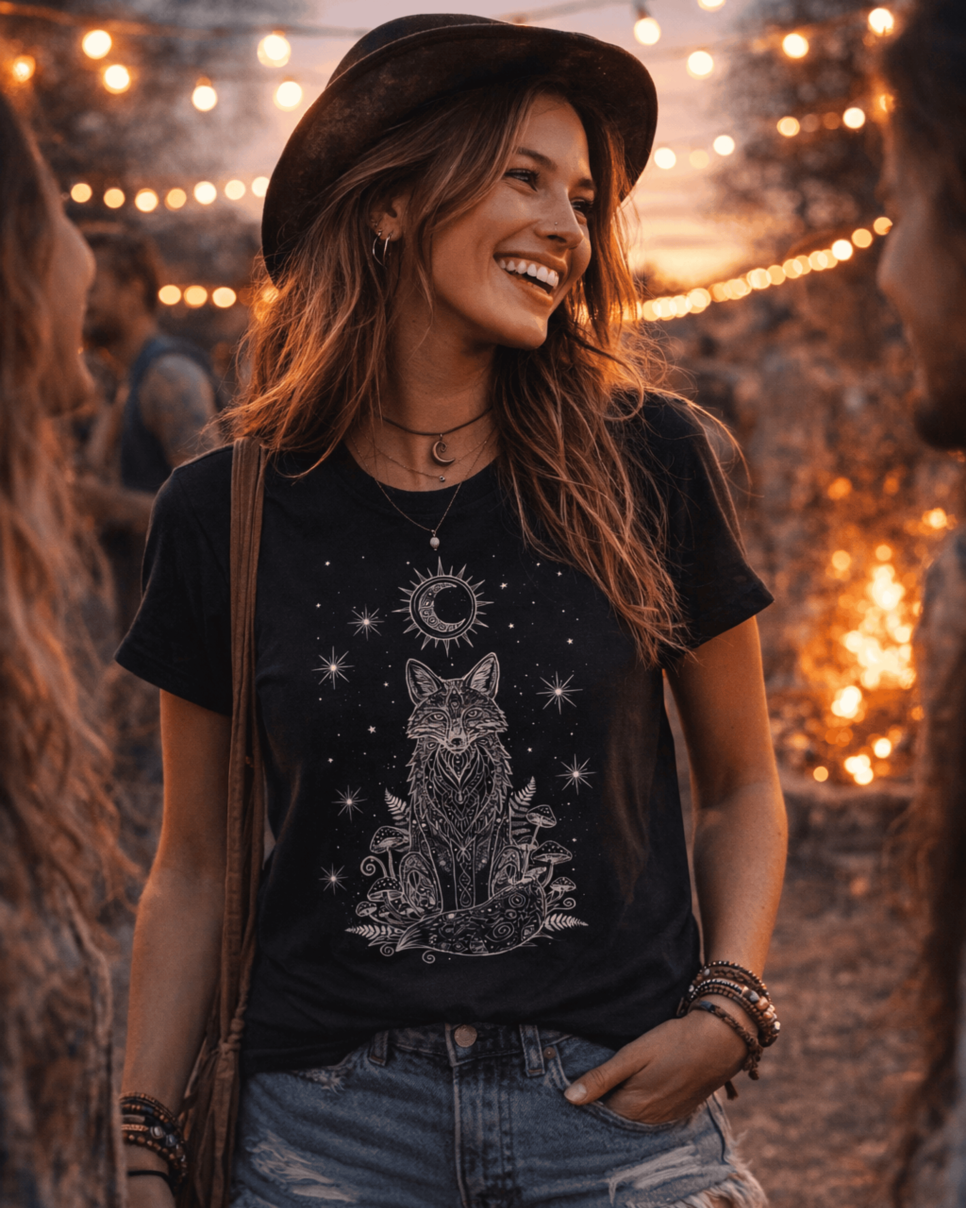 A smiling woman wearing a black Woodland Top and a wide-brimmed hat standing under warm outdoor string lights. She is styled in the Witchy Crescent Moon Graphic Tee, showcasing the boho Fox Shirt design perfect for festivals and casual wear.