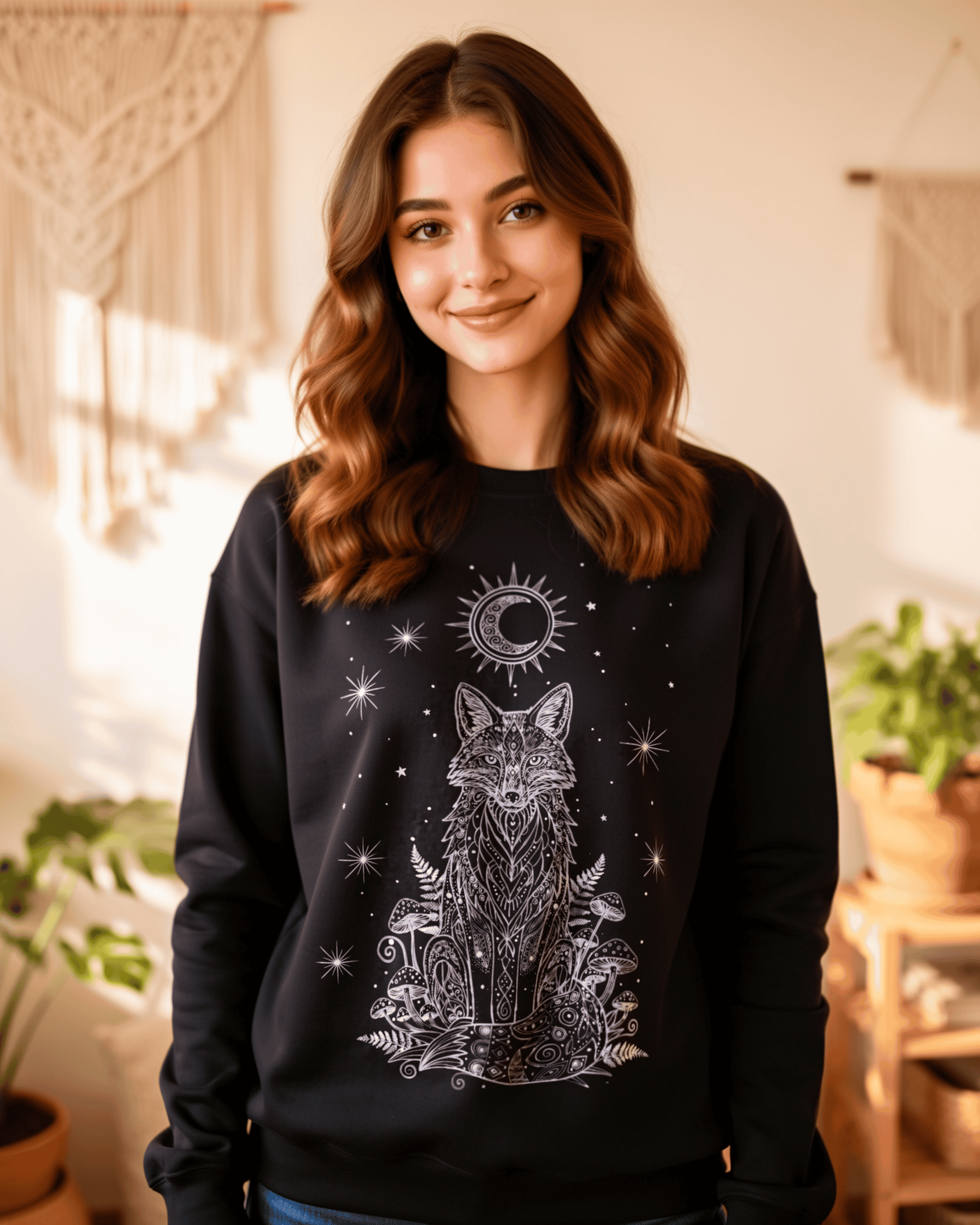 A smiling woman models the black Fox Celestial Moon Sweatshirt in a brightly lit, boho-style room, showcasing how the mystical crewneck pullover fits a modern, earthy aesthetic.