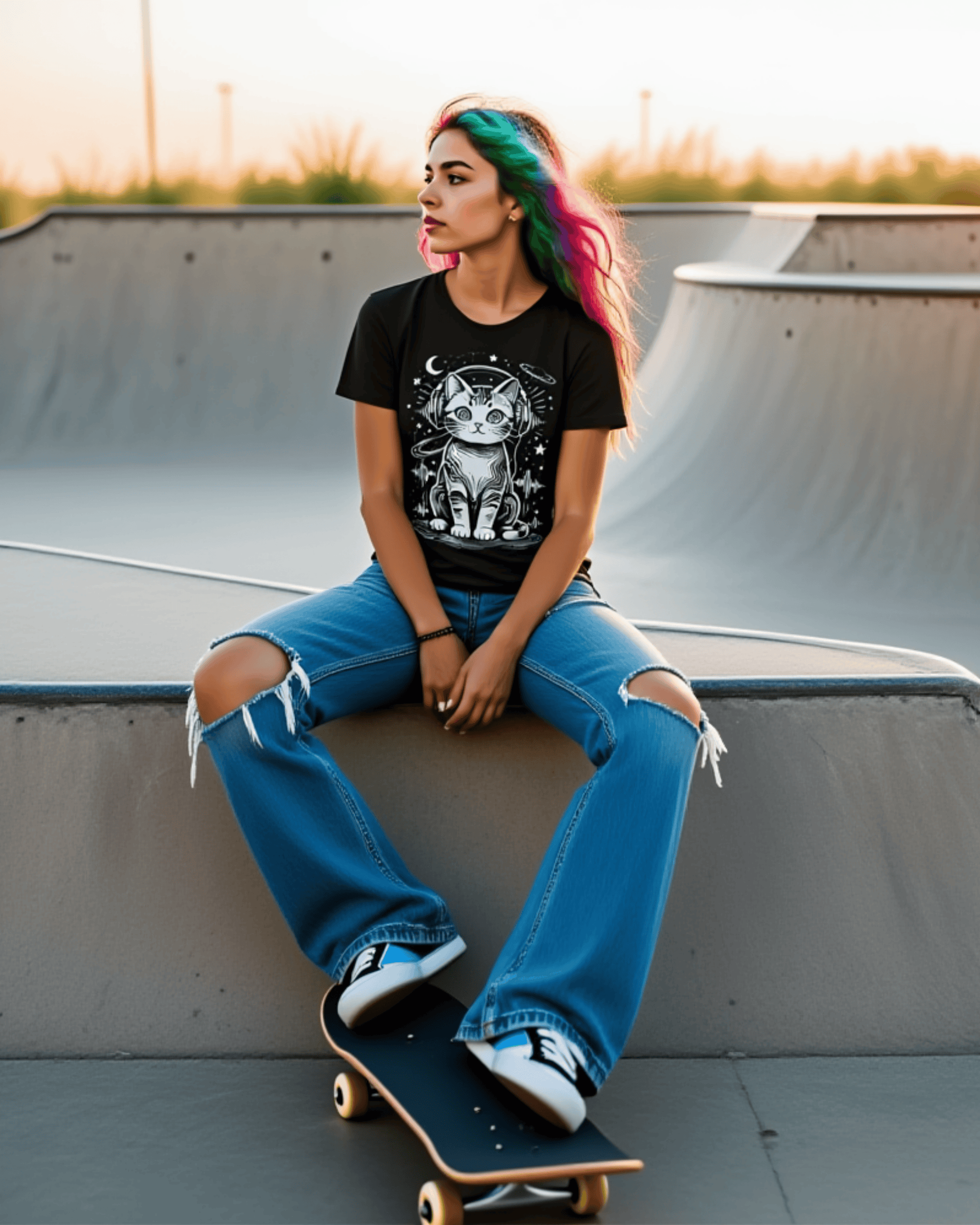 A model with vibrant rainbow hair wears the black DJ Cat graphic tee while sitting on a skate ramp. This retro rave t-shirt is styled with ripped jeans and a skateboard, showing a cool look for any music lover.