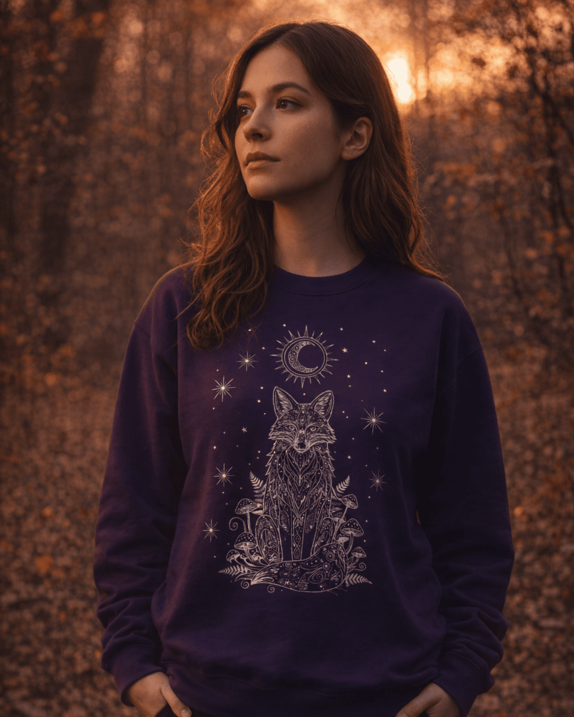 A woman with her hands in her pockets models the purple Fox Celestial Moon Sweatshirt in a sunlit autumn forest, highlighting how this mystical crewneck pullover fits into a cozy, natural setting with a witchy aesthetic.
