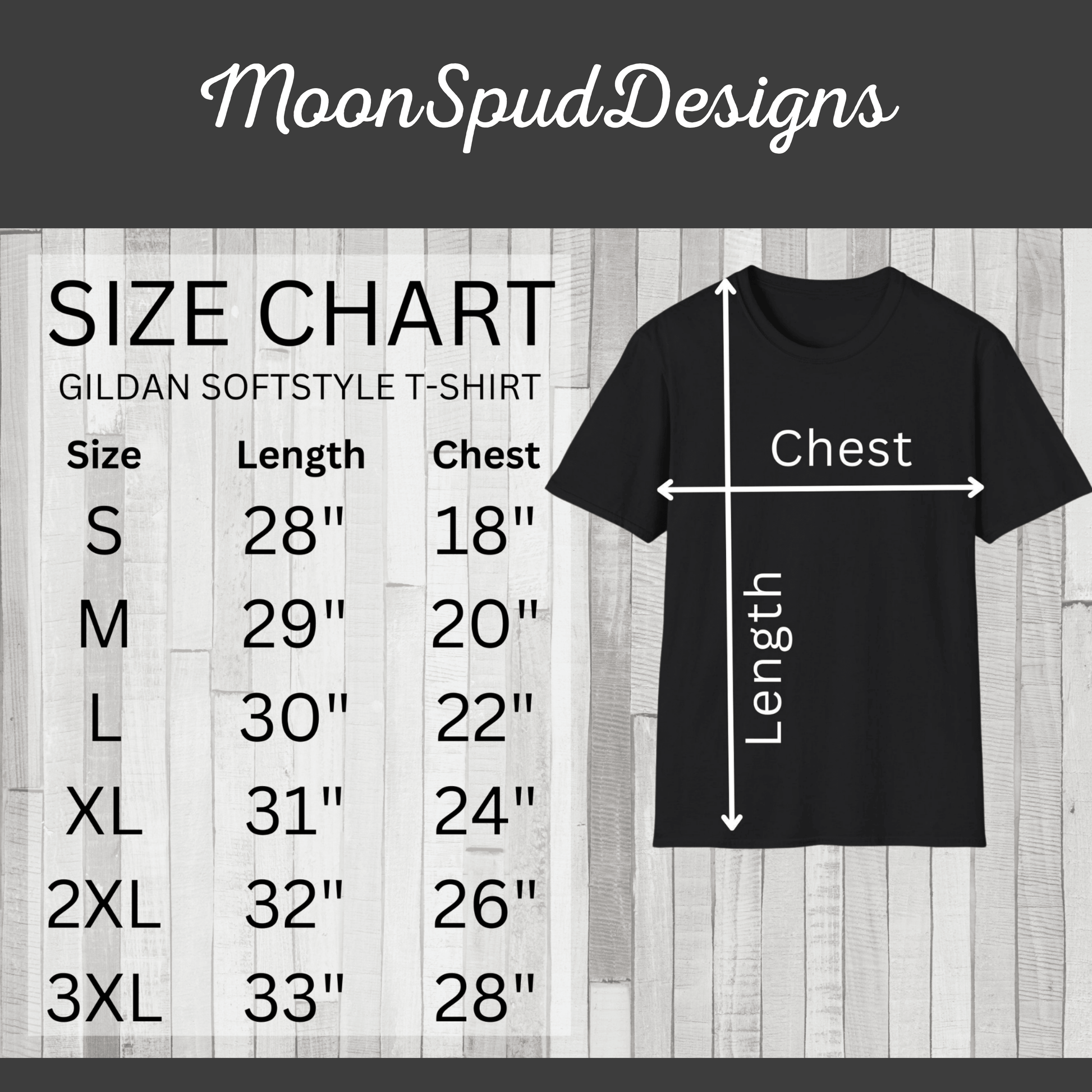 Size chart guide for MoonSpudDesigns Gildan Softstyle unisex t-shirt showing chest and length measurements for sizes Small through 3XL, helpful for finding the perfect fit for your Dog Lover T-Shirt.