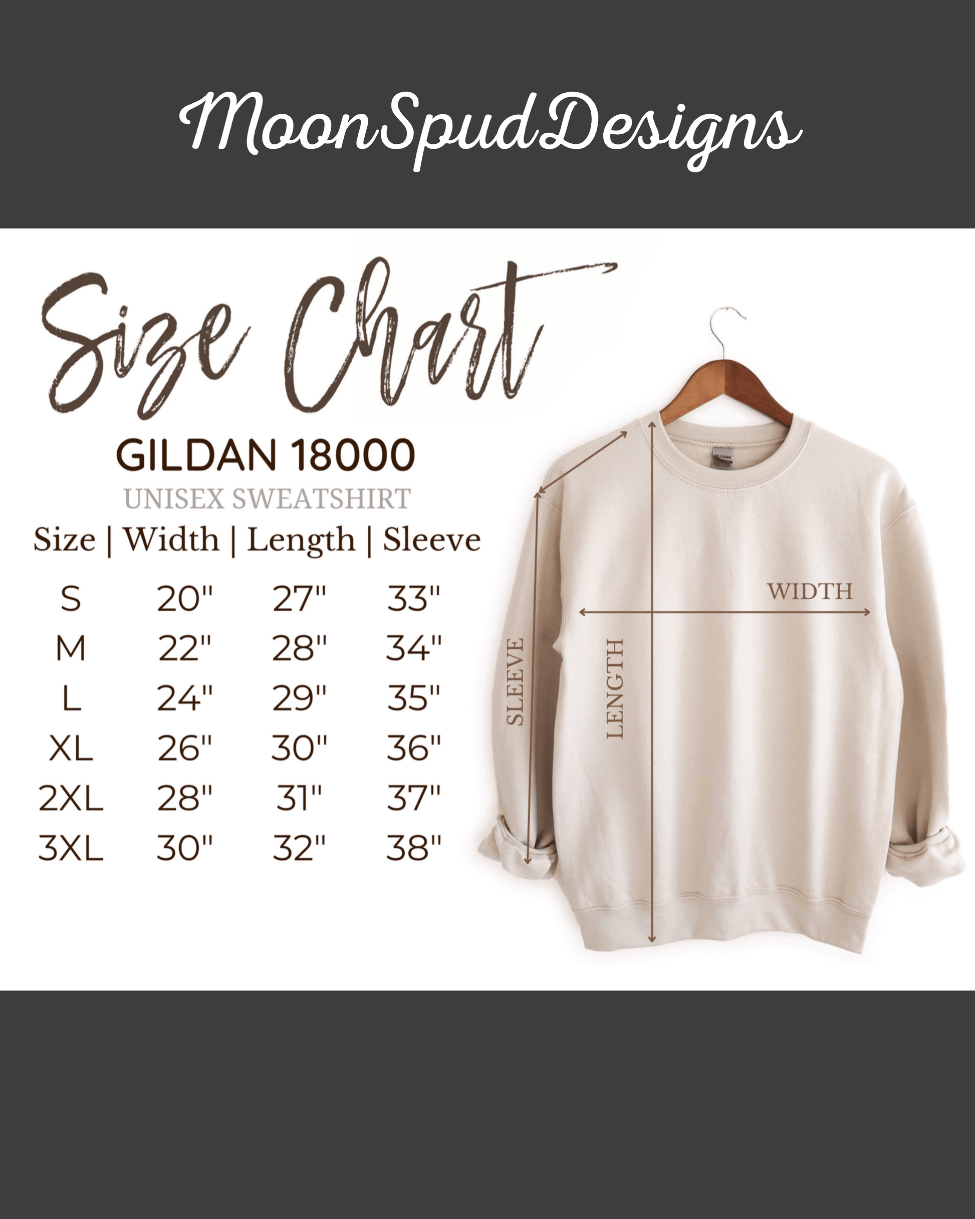 Size chart for the MoonSpudDesigns Fox Celestial Moon Sweatshirt. This chart shows the width, length, and sleeve measurements in inches for the Gildan 18000 unisex mystical crewneck pullover, available in sizes S to 3XL.