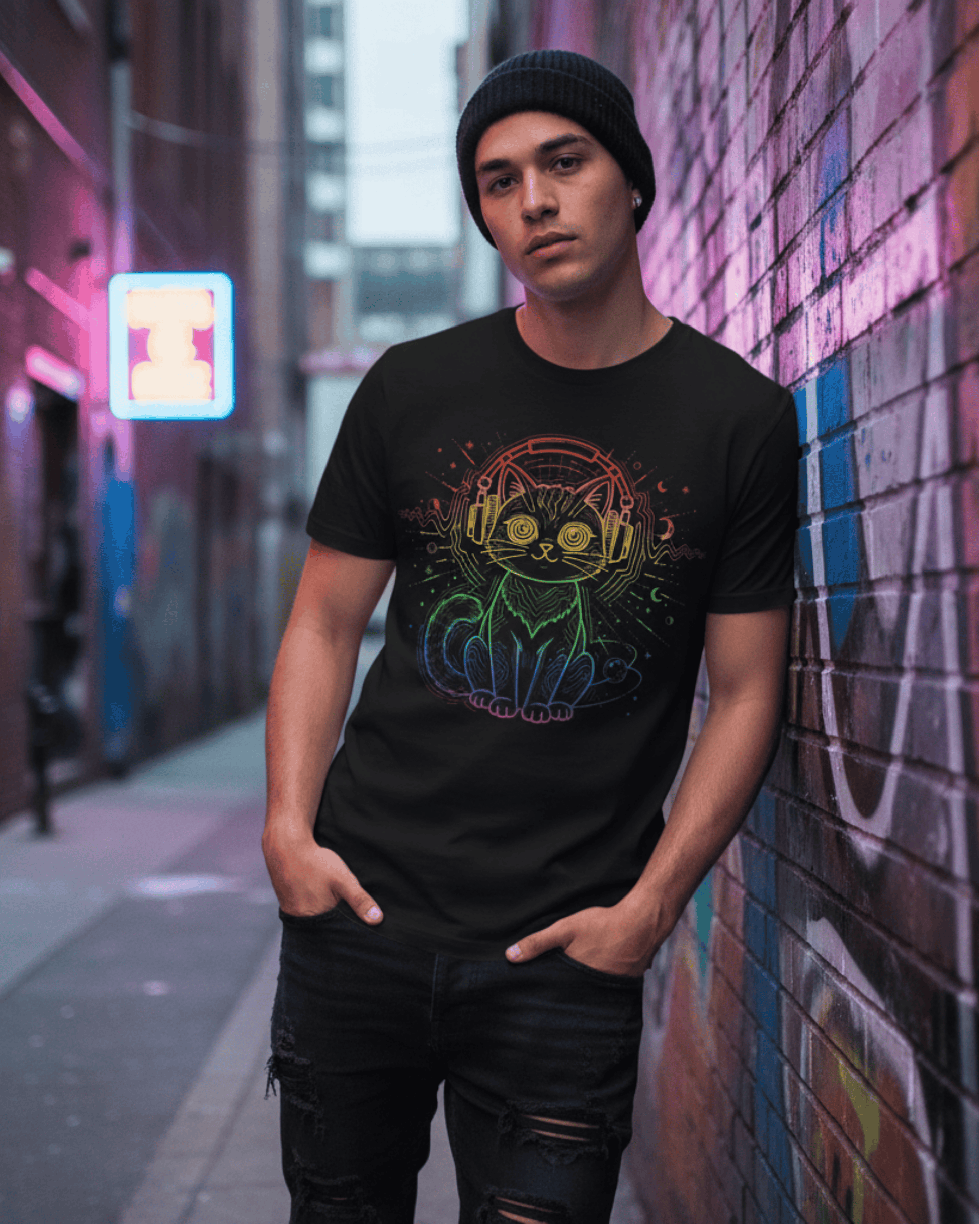 A young man in a beanie leans against a brick wall in a neon-lit alley, wearing the black Music Lover DJ Cat T-Shirt. The graphic tee features a colorful rainbow-outlined cat wearing headphones, listening to music.