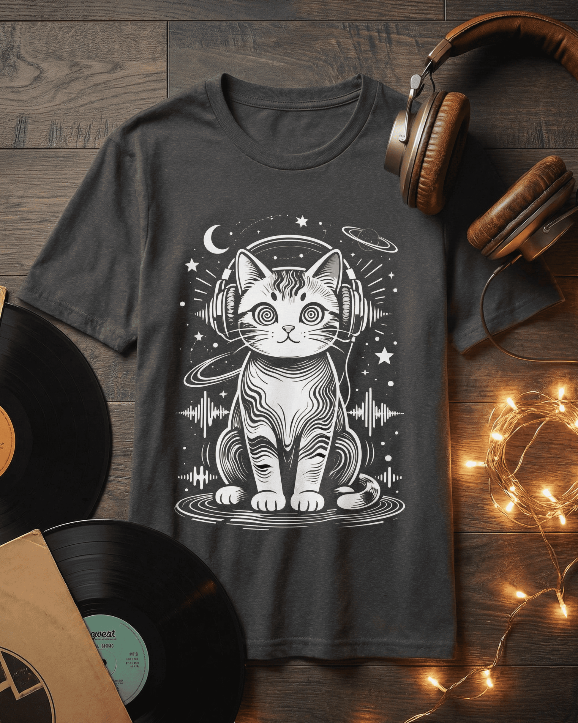 A heather grey Music Lover DJ Cat Tshirt laid flat on a dark wood surface, surrounded by vinyl records and vintage headphones, showcasing the retro rave graphic of a cat listening to music.
