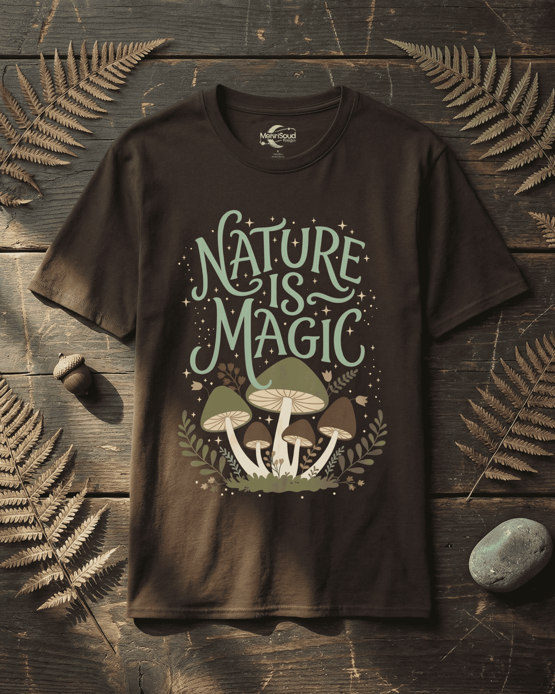 Flat lay view of the brown Cottagecore Mushrooms Nature Is Magic T-Shirt. The earth-toned shirt features a whimsical design of toadstools and sparkling stars, laid out on a rustic wood surface with decorative ferns and an acorn.