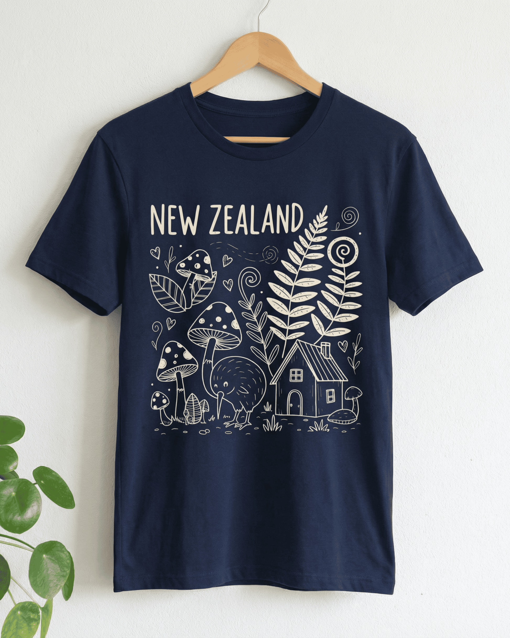 A navy blue New Zealand graphic tee hanging on a wooden hanger against a white wall. The t-shirt's Kiwi Bird doodle design is clearly visible, showcasing the hand-drawn ferns and whimsical nature art. This is a perfect travel top to show your NZ Pride and a great travel souvenir.