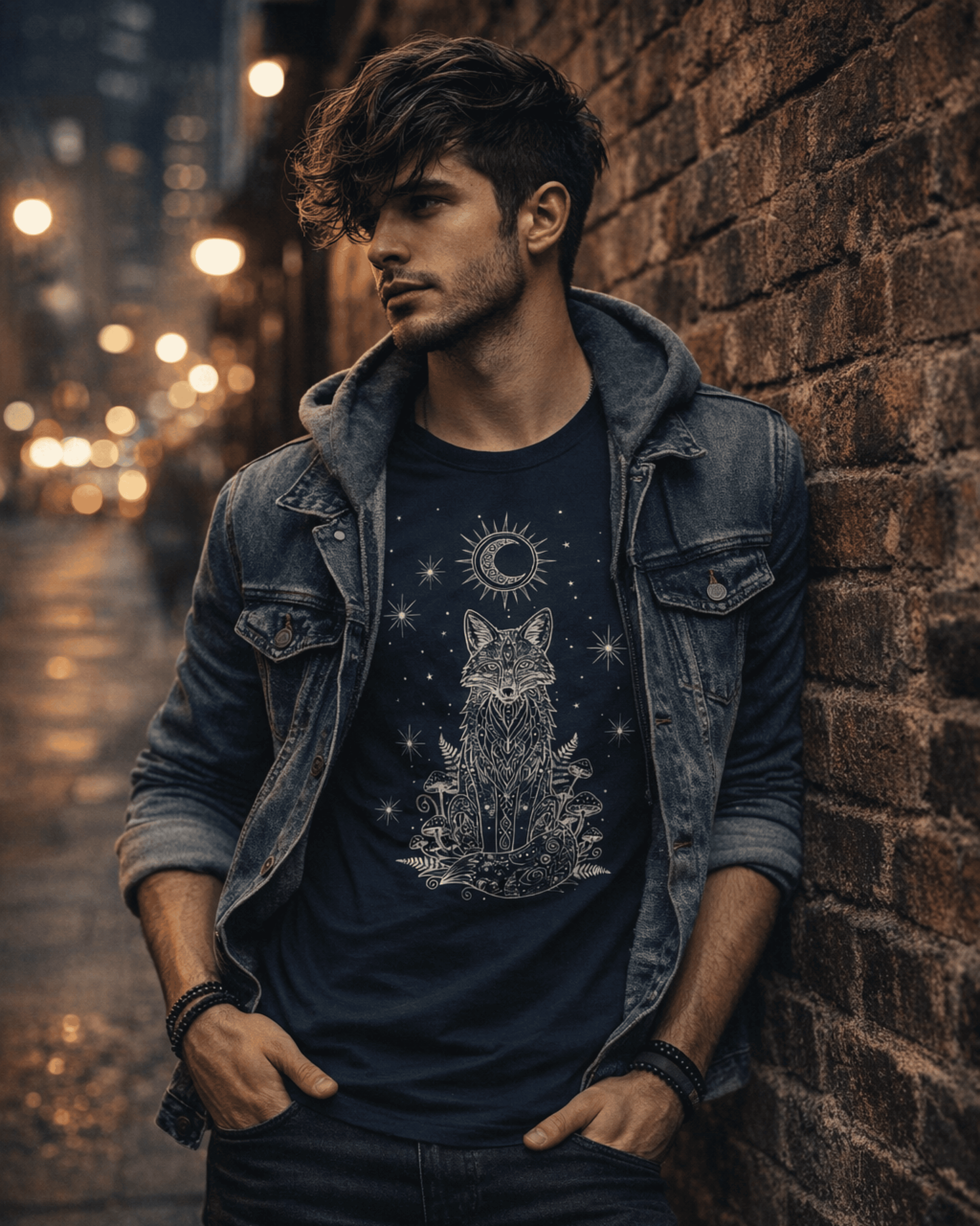 A man leaning against a brick wall in an urban alleyway wearing a Navy Celestial Tshirt under a denim jacket. The T-Shirt features a geometric, tattoo-style graphic of a fox sitting beneath a crescent moon, styling the Witchy Crescent Moon Graphic Tee for a streetwear look.
