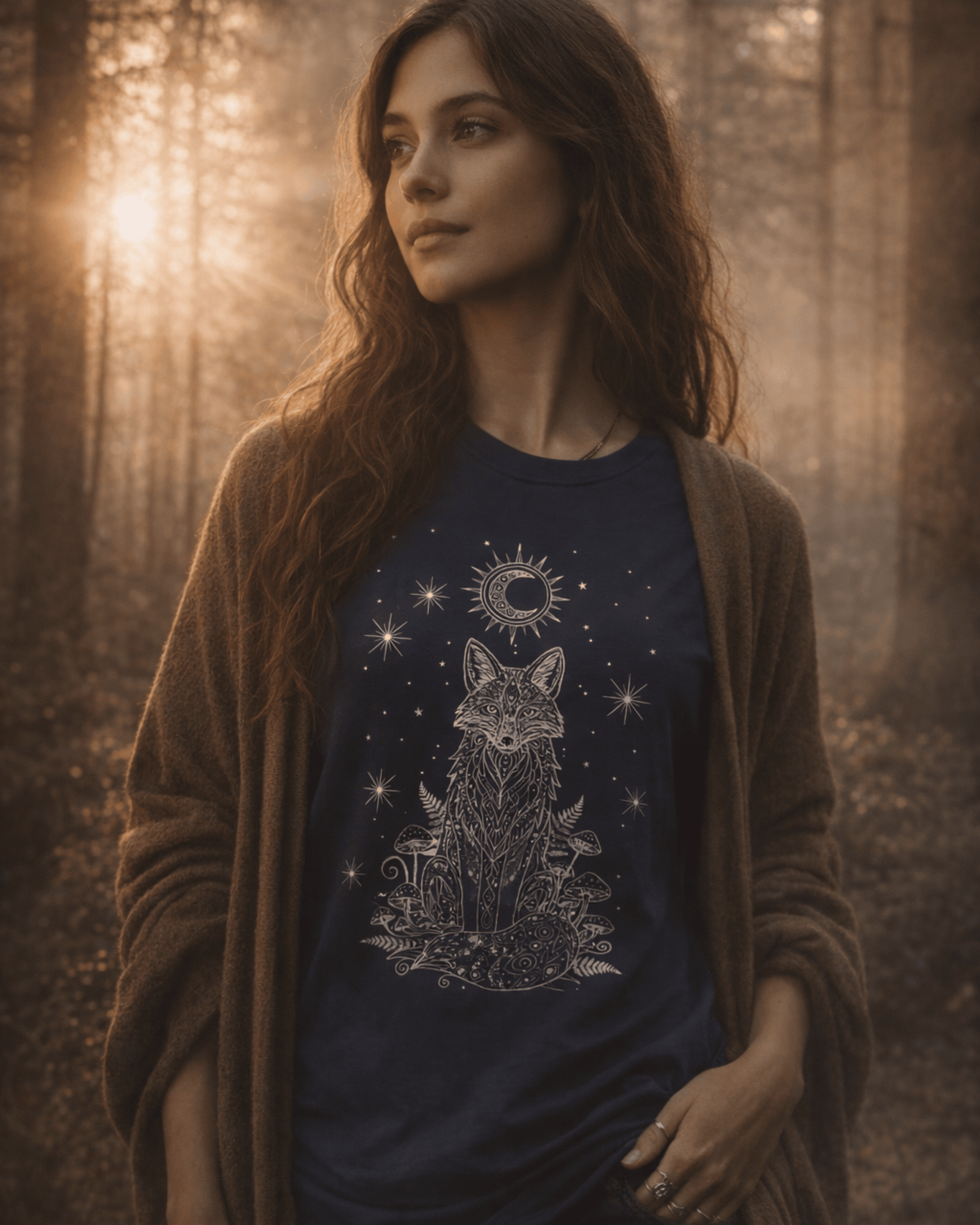 A woman standing in a sunlit, misty forest wearing a Navy Fox Shirt layered under a brown cardigan. This Woodland Top showcases a mystical design with a fox, forest mushrooms, and a celestial sunburst, doubling as a perfect Celestial Tshirt for nature lovers.