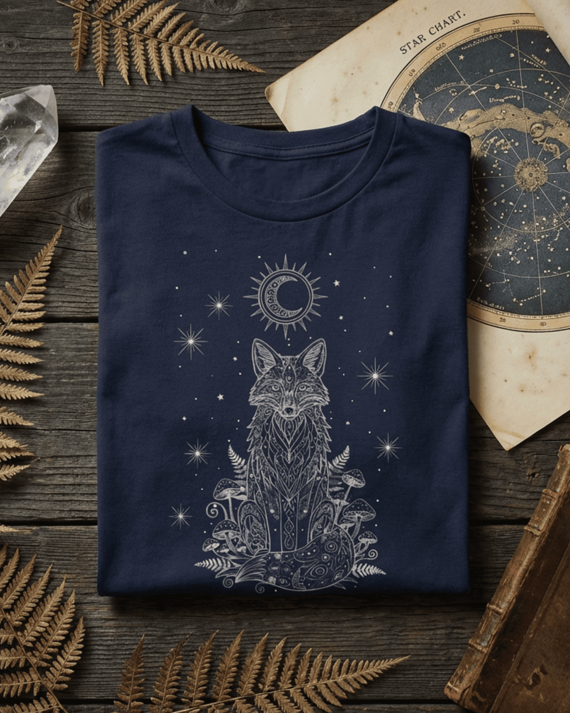A folded Navy Witchy Crescent Moon Graphic Tee lay flat on a rustic wooden table surrounded by dried ferns, a crystal, and an antique star chart. The Fox Shirt features an intricate white line-art illustration of a sitting fox surrounded by mushrooms and stars.