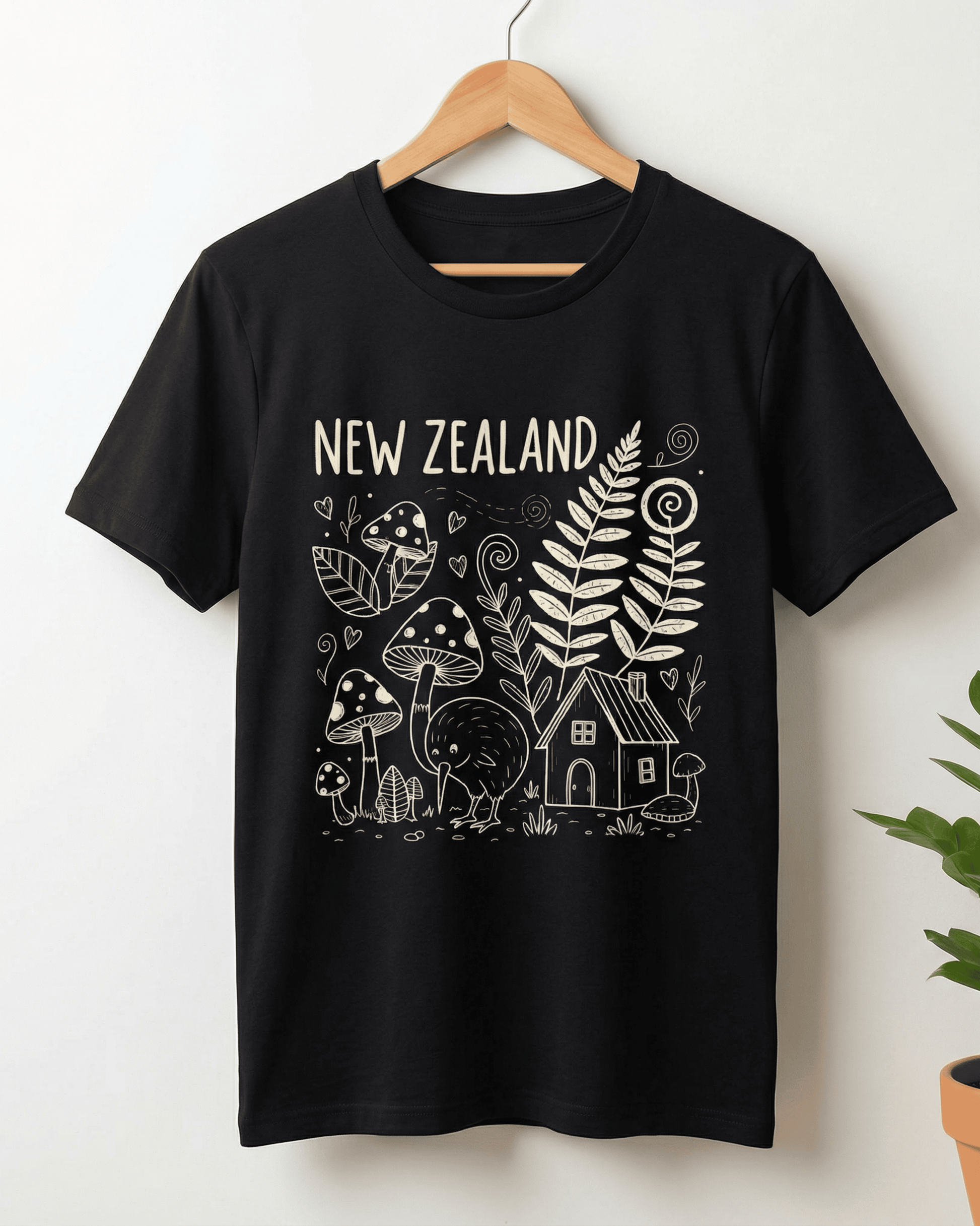 Front view of the black New Zealand T-shirt on a wooden hanger. The charming white-line Kiwi bird doodle design with ferns and a house makes this graphic tee a wonderful New Zealand gift.
