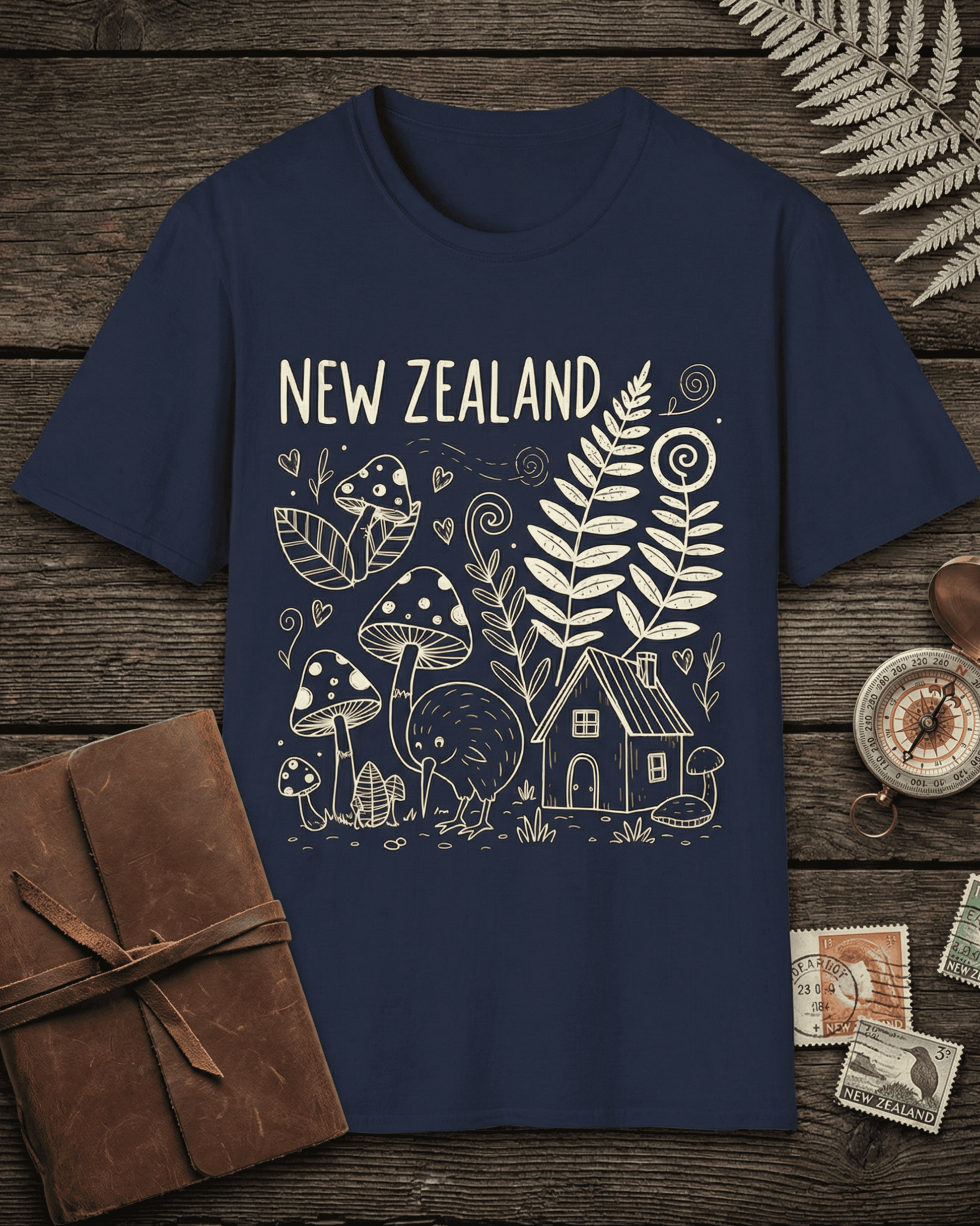 A flat lay of a navy blue New Zealand Tshirt on a rustic wooden background. The graphic tee features a charming, cream-colored Kiwi Bird Doodle surrounded by ferns and mushrooms, perfect for a nature lover. Styled with a travel journal and compass, this souvenir shirt captures the spirit of Aotearoa and NZ Pride.