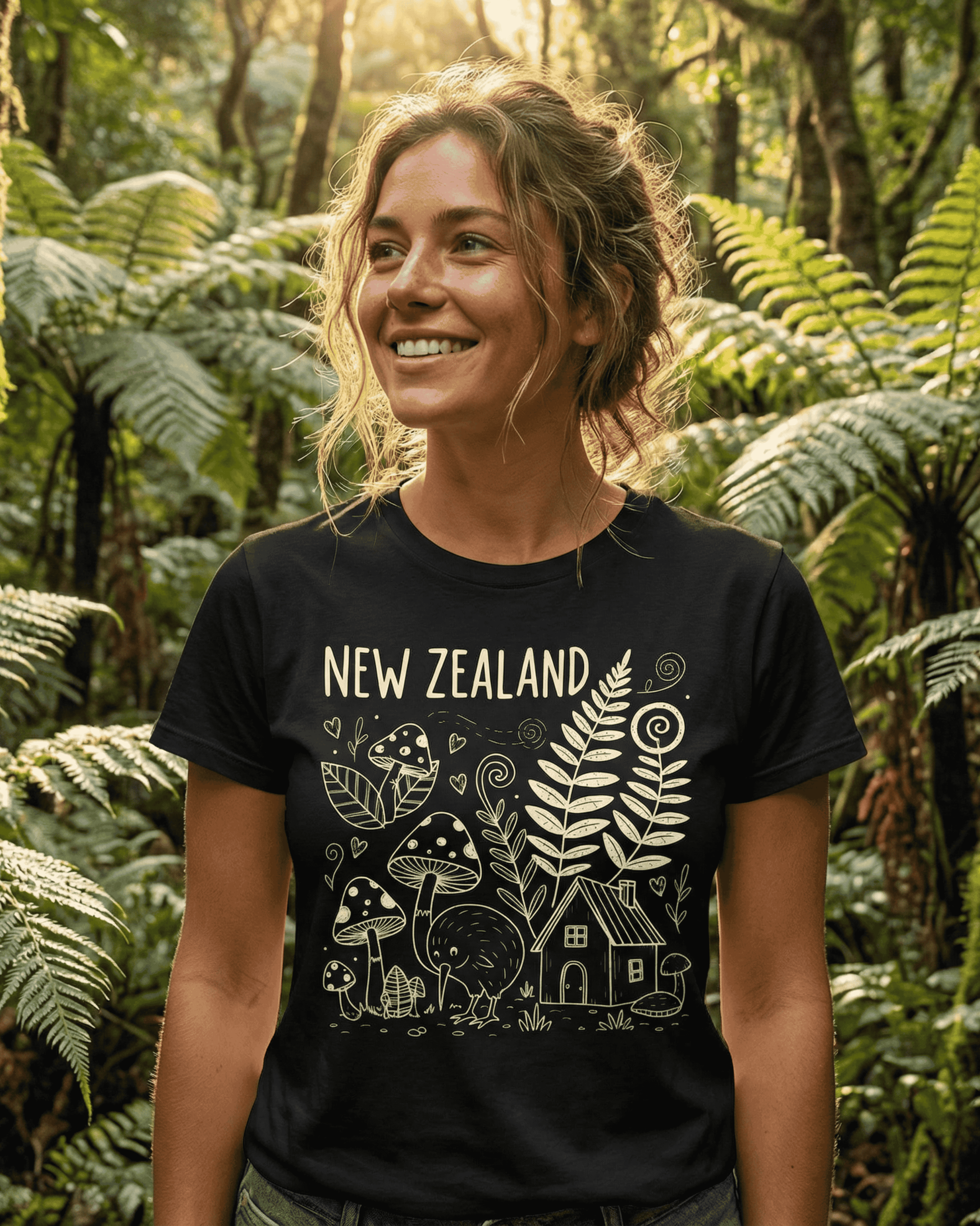 A smiling woman wearing a black New Zealand T-shirt for a nature lover, looking out over a beautiful Aotearoa valley at sunset. This graphic tee, showing NZ Pride, is the ideal travel top for exploring.