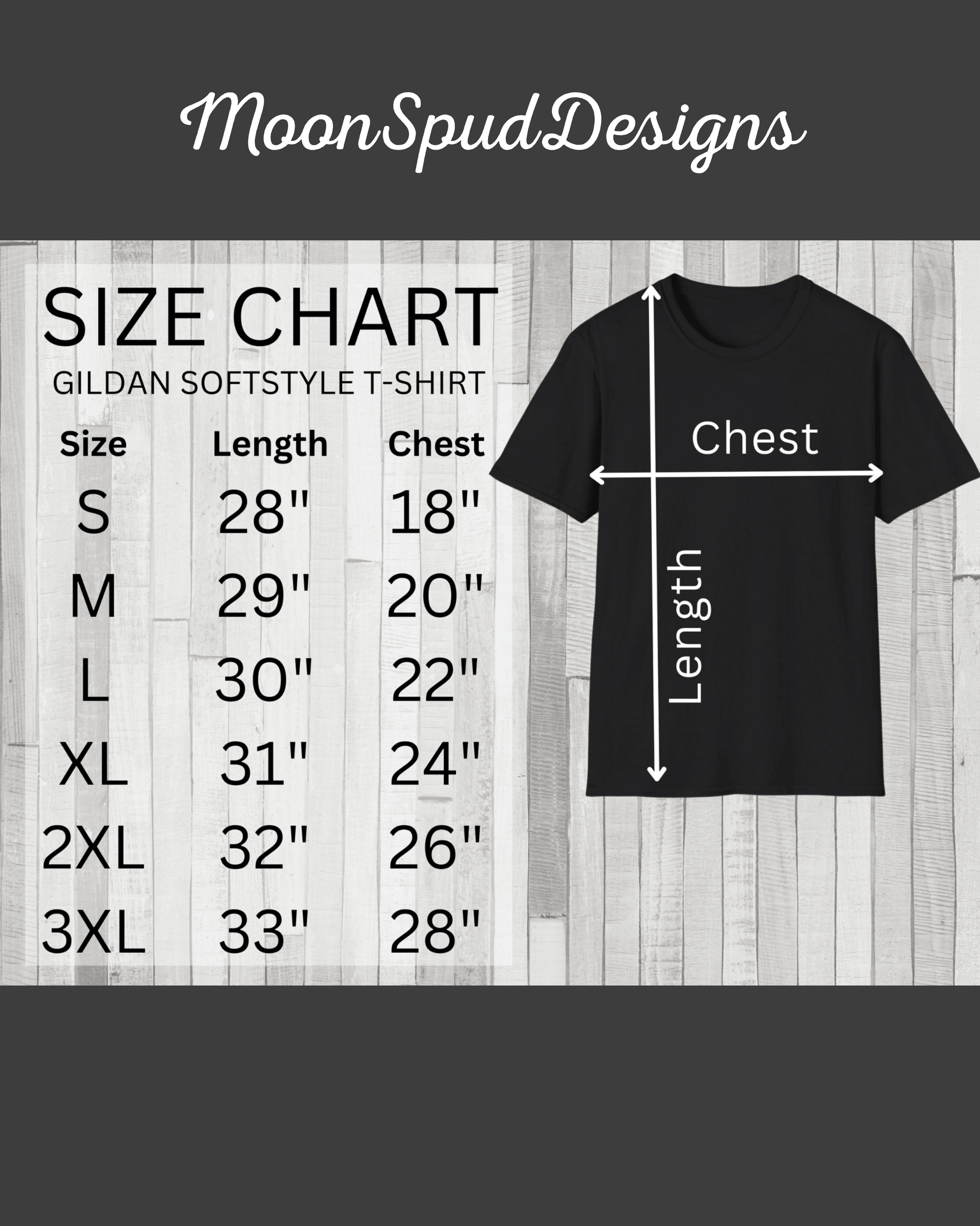 Size chart for the MoonSpudDesigns New Zealand T-shirt. Lists chest and length measurements in inches for Gildan Softstyle T-shirt sizes Small through 3XL, with a diagram showing measurement points.