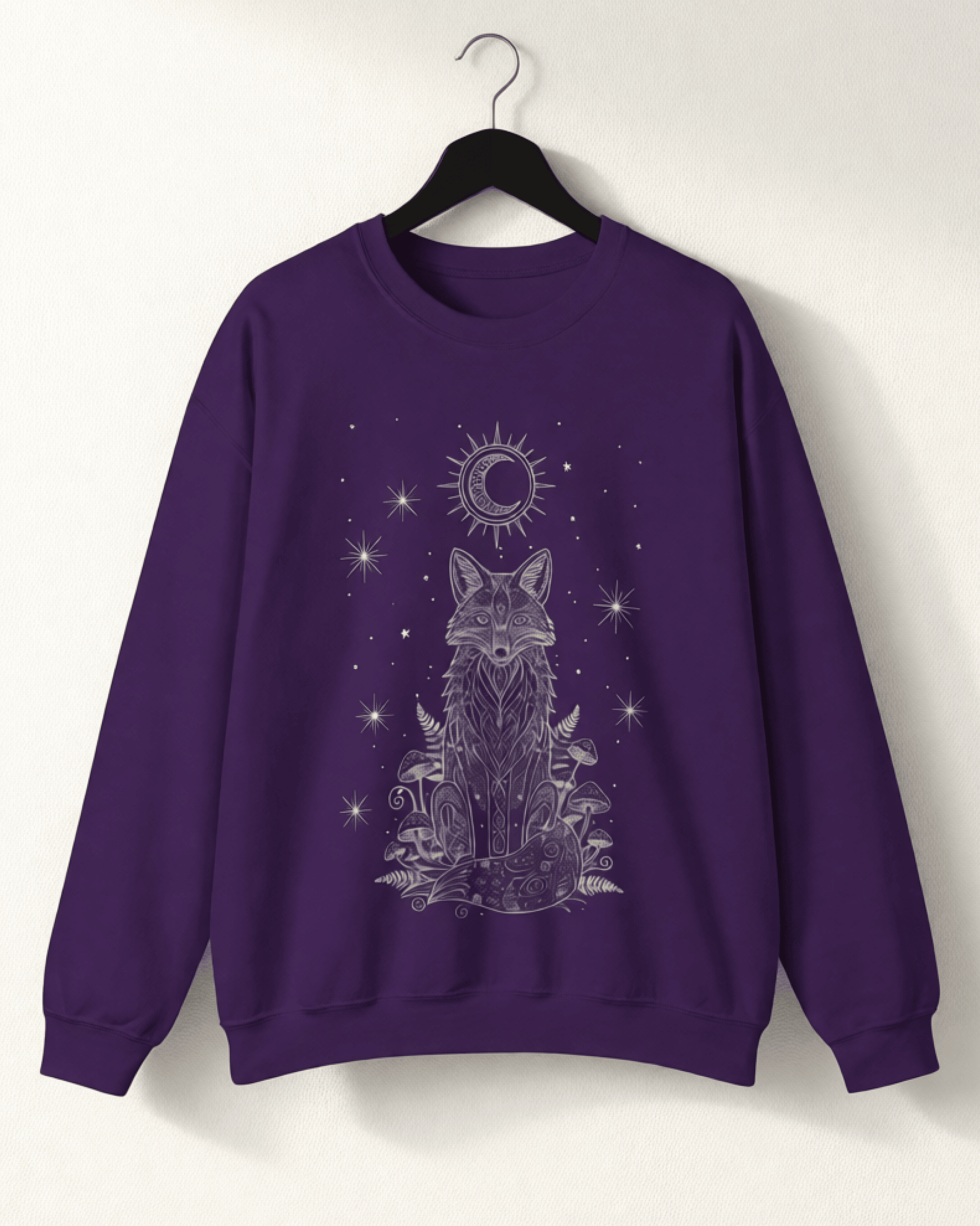 A clear front view of the purple Fox Celestial Moon Sweatshirt on a hanger, showing the intricate silver line art of the celestial fox, moon, and stars on this mystical crewneck pullover.