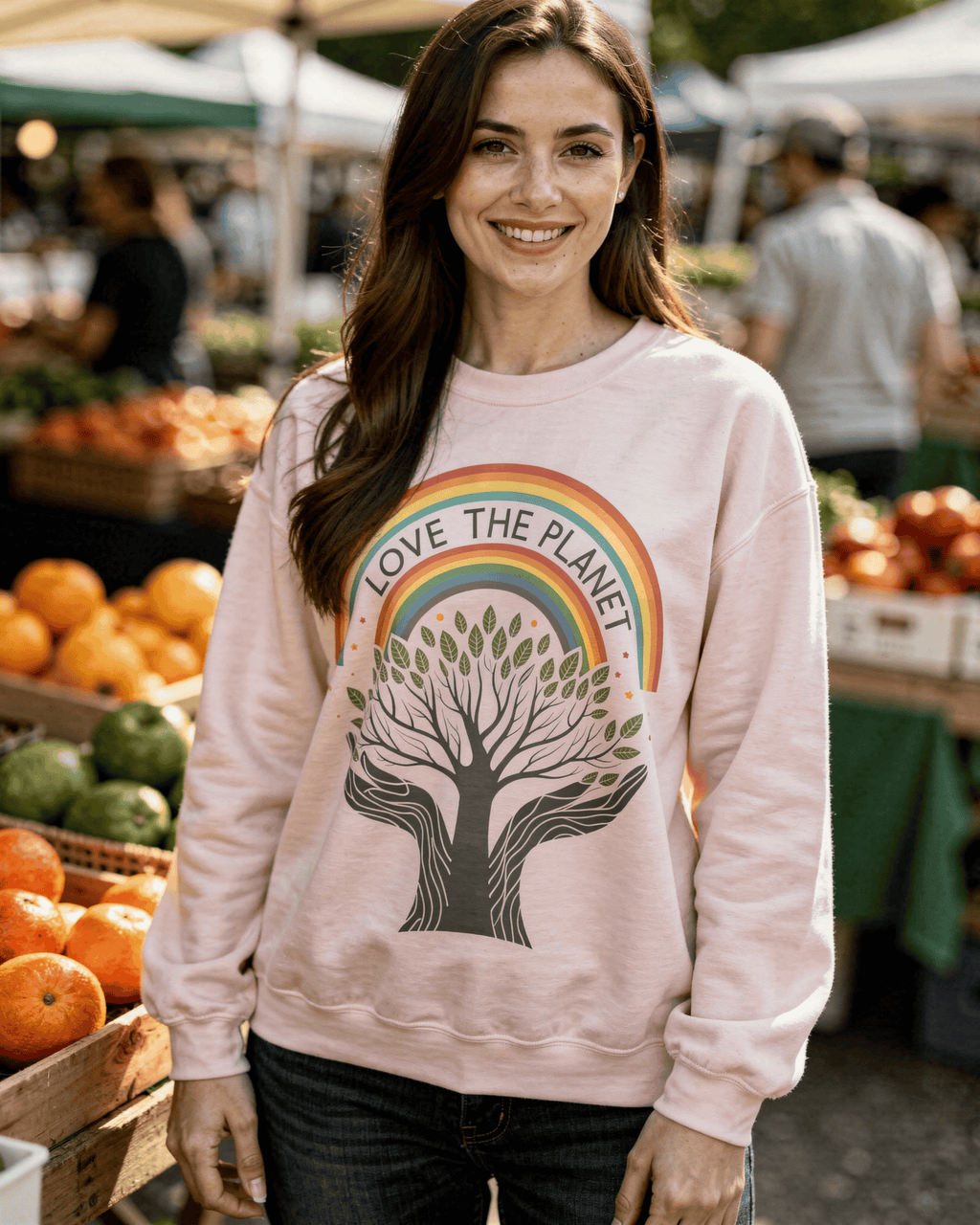 A happy woman at a sunny farmers' market models the Rainbow Tree of Life crewneck sweatshirt, showcasing its eco-conscious message and comfortable fit.