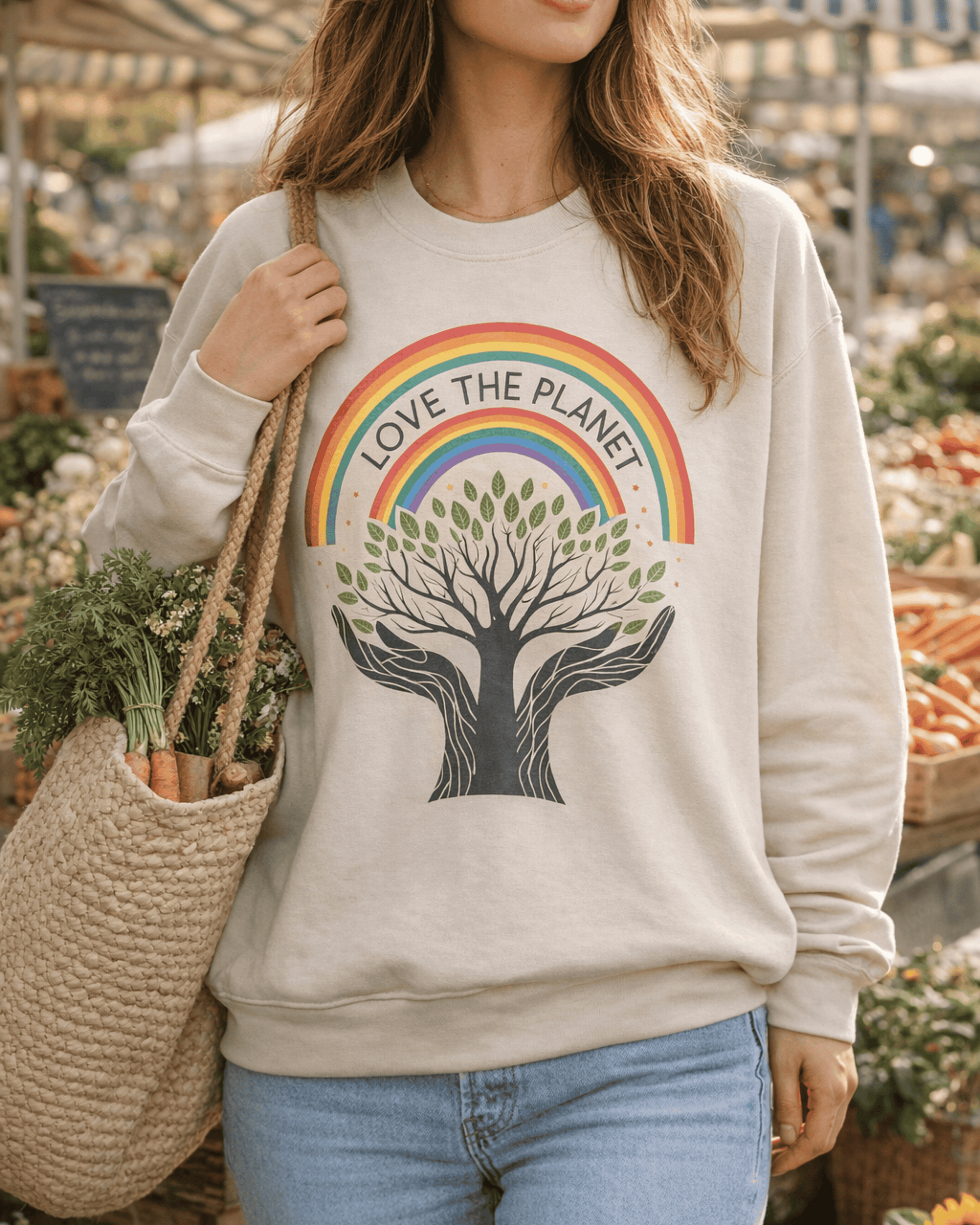 Close-up on a woman at an outdoor market wearing the sand colored Rainbow Tree of Life sweatshirt, with 'Love The Planet' text arched above the eco-friendly design.