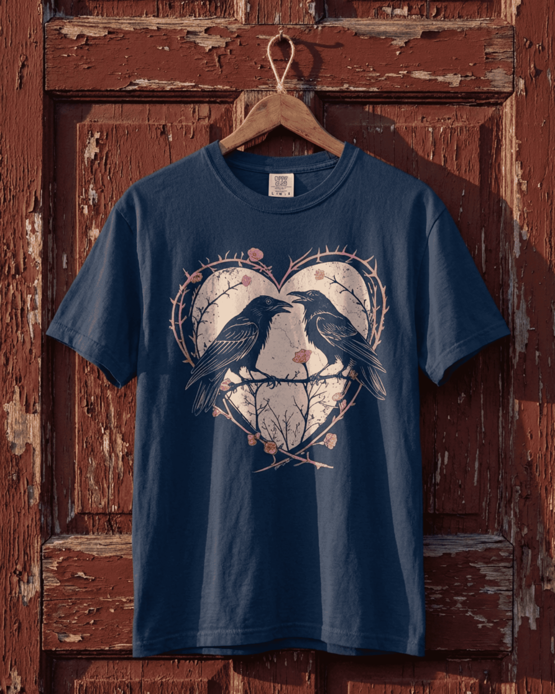 The Gothic Dark Romance Crow Tee in navy, hanging against a weathered red door. This Anti Valentine's Day shirt features two ravens within a pink heart wrapped in thorns, capturing an edgy punk and whimsigoth vibe.