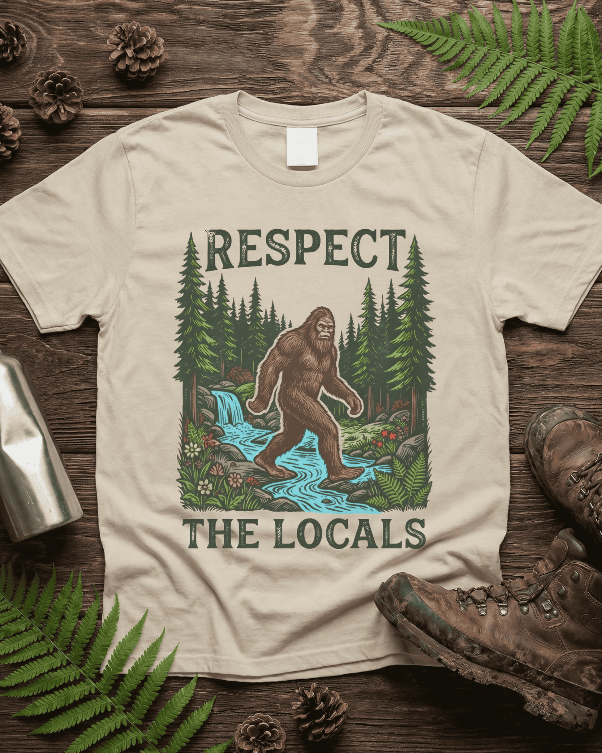 A sand-colored 'Respect The Locals' cryptid t-shirt laid on a wood surface. This nature tee for outdoor adventure features a vintage 90s retro Bigfoot graphic and is styled with hiking boots and camping essentials.