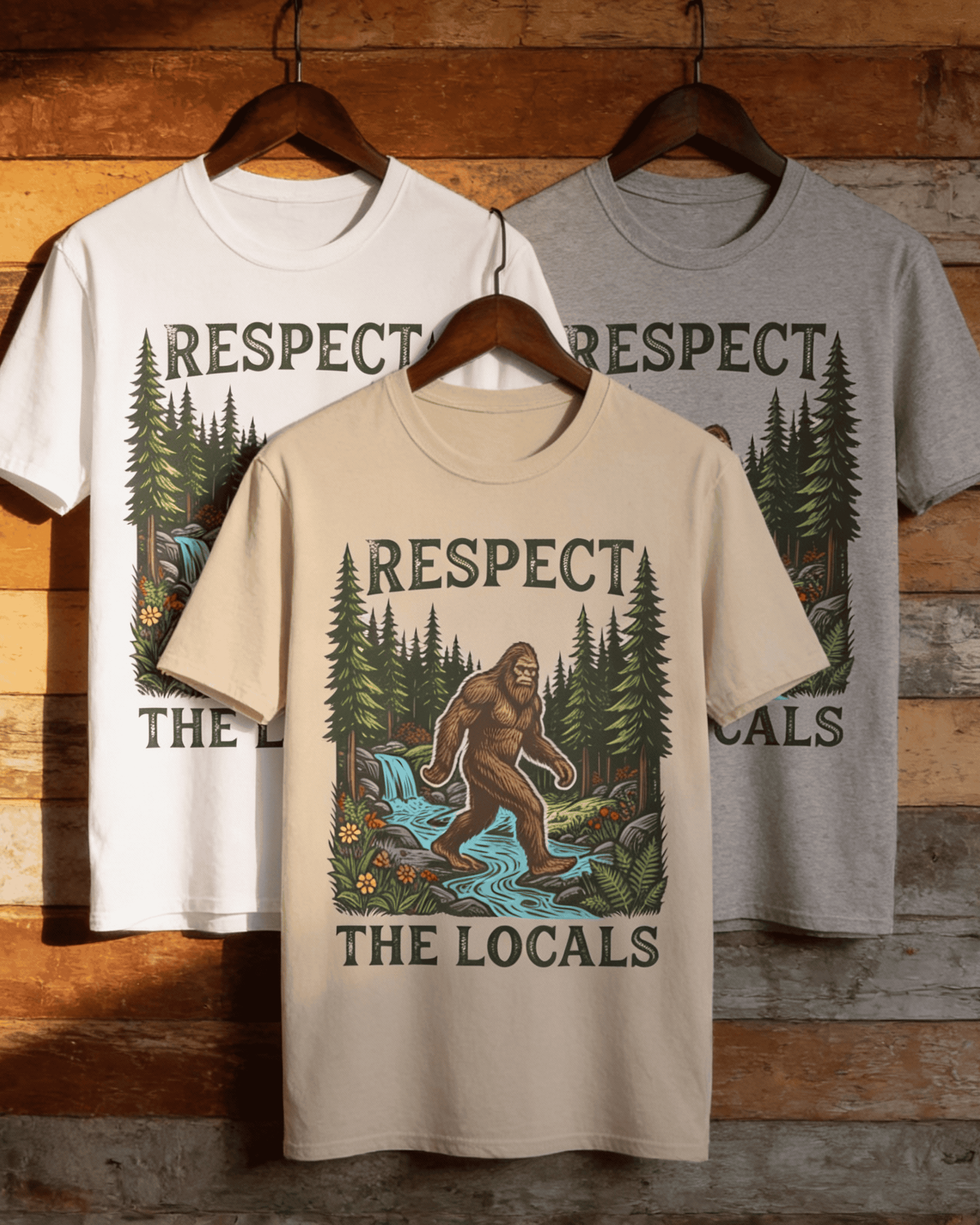 Three vintage bigfoot tshirts in sand beige, white, and grey hang against a wood wall. The shirts feature a 90s retro 'Respect the Locals' graphic with the cryptid Bigfoot walking through a forest stream, making it the perfect nature tee for hikers and outdoor adventure.