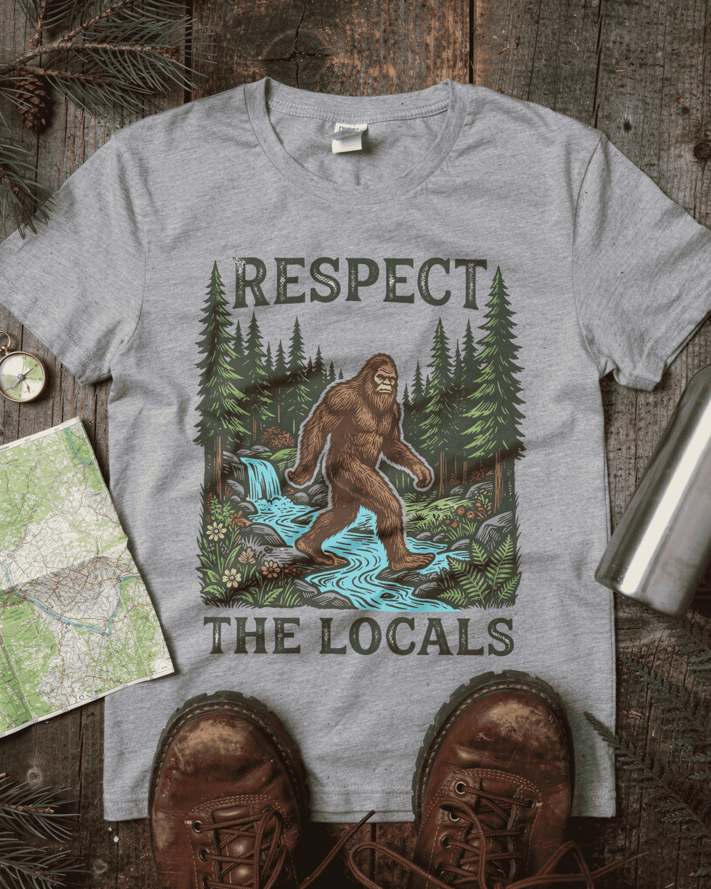 A heather grey vintage Bigfoot t-shirt with 'Respect The Locals' printed on it. The 90s retro design shows the cryptid yeti walking by a stream, making it a perfect nature tee for hikers. The shirt is surrounded by outdoor adventure gear.