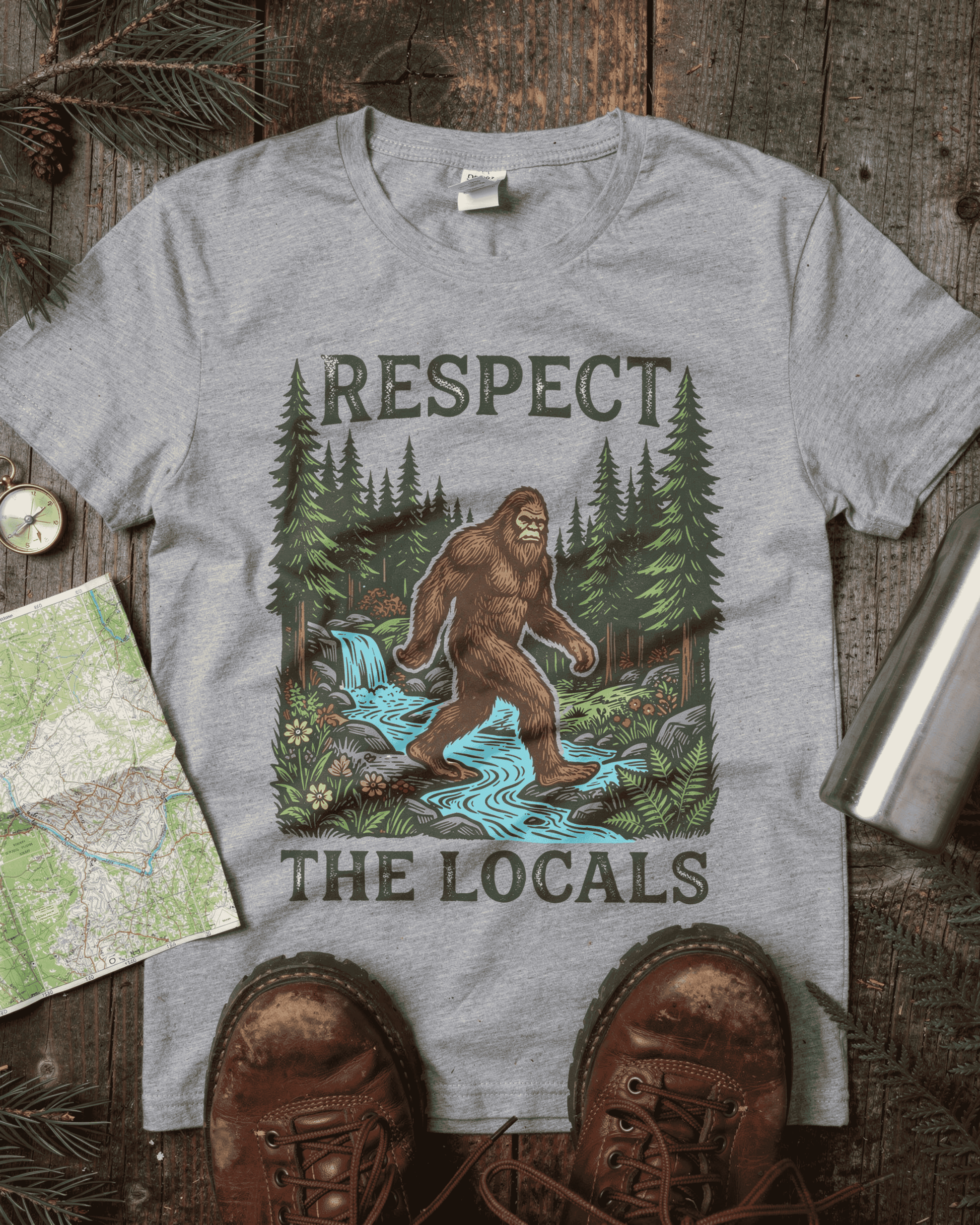 A heather grey vintage Bigfoot t-shirt with 'Respect The Locals' printed on it. The 90s retro design shows the cryptid yeti walking by a stream, making it a perfect nature tee for hikers. The shirt is surrounded by outdoor adventure gear.