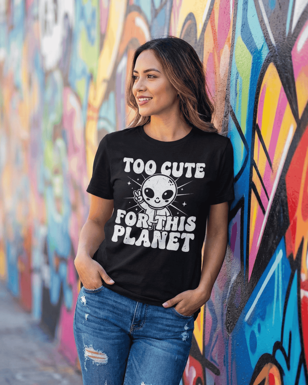 A smiling woman models a black UFO sci-fi shirt while leaning against a colorful graffiti wall. This outer space lover t-shirt for women shows off its trendy, retro Y2K style in a vibrant, urban setting.