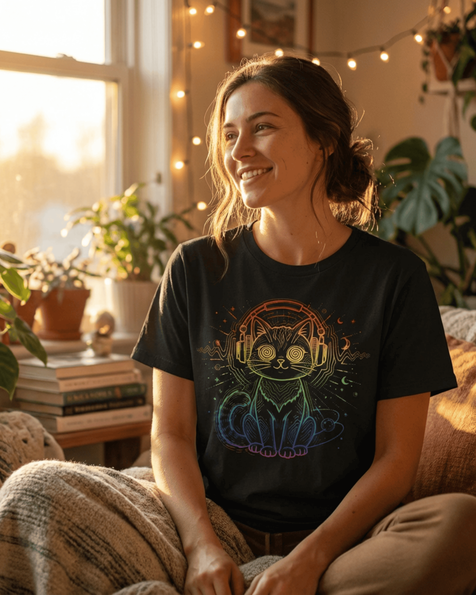 A woman sits comfortably in a sunlit room, smiling as she wears a black Retro Rave EDM Graphic Tee. The shirt's design shows a psychedelic DJ cat with hypnotic swirl eyes, perfect for a fan of house music and festival culture.