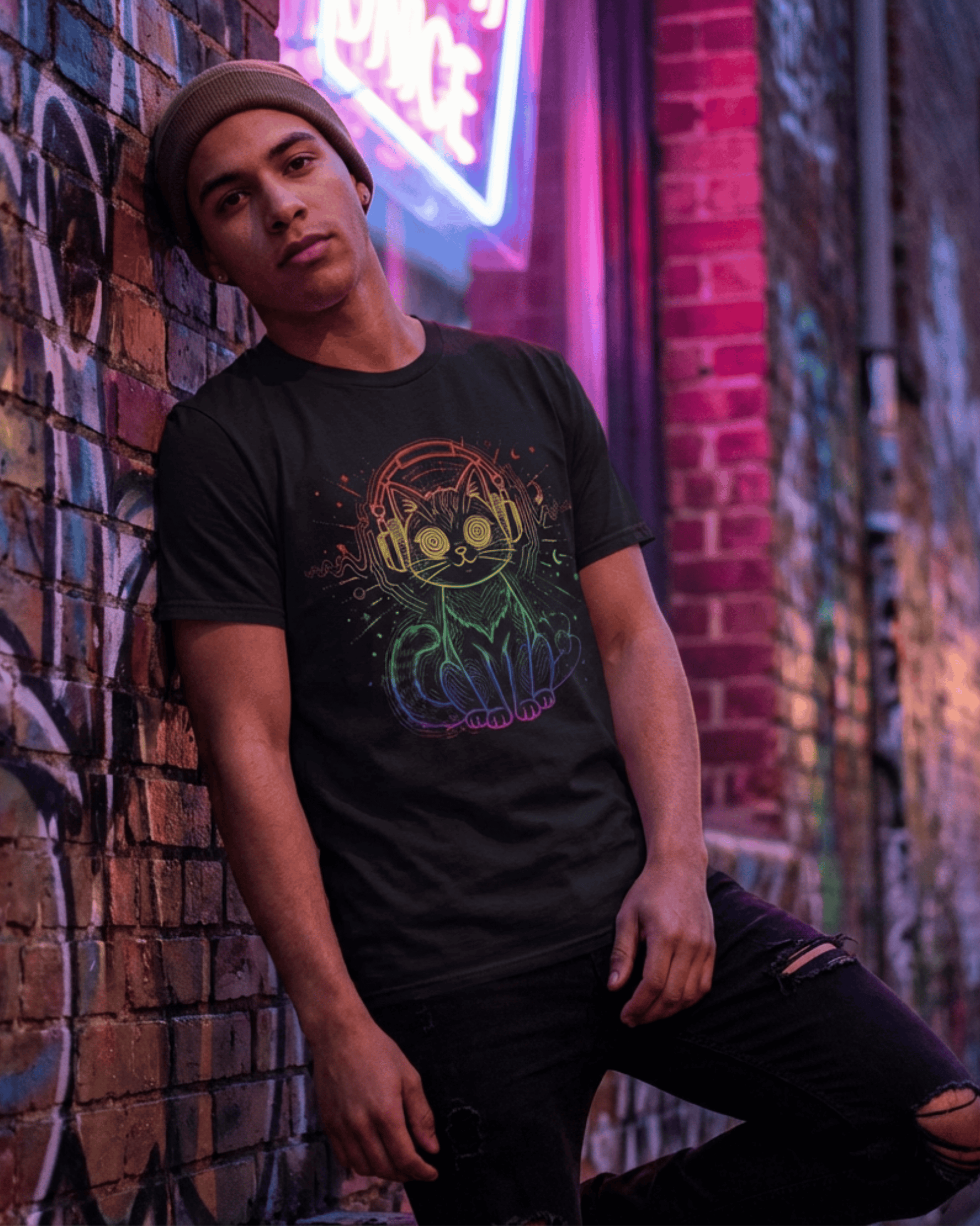A man models the black Retro Rave EDM Graphic Tee against a graffiti wall with pink neon lights. The DJ cat graphic has hypnotic spiral eyes, capturing the vibe of a techno and house music festival.