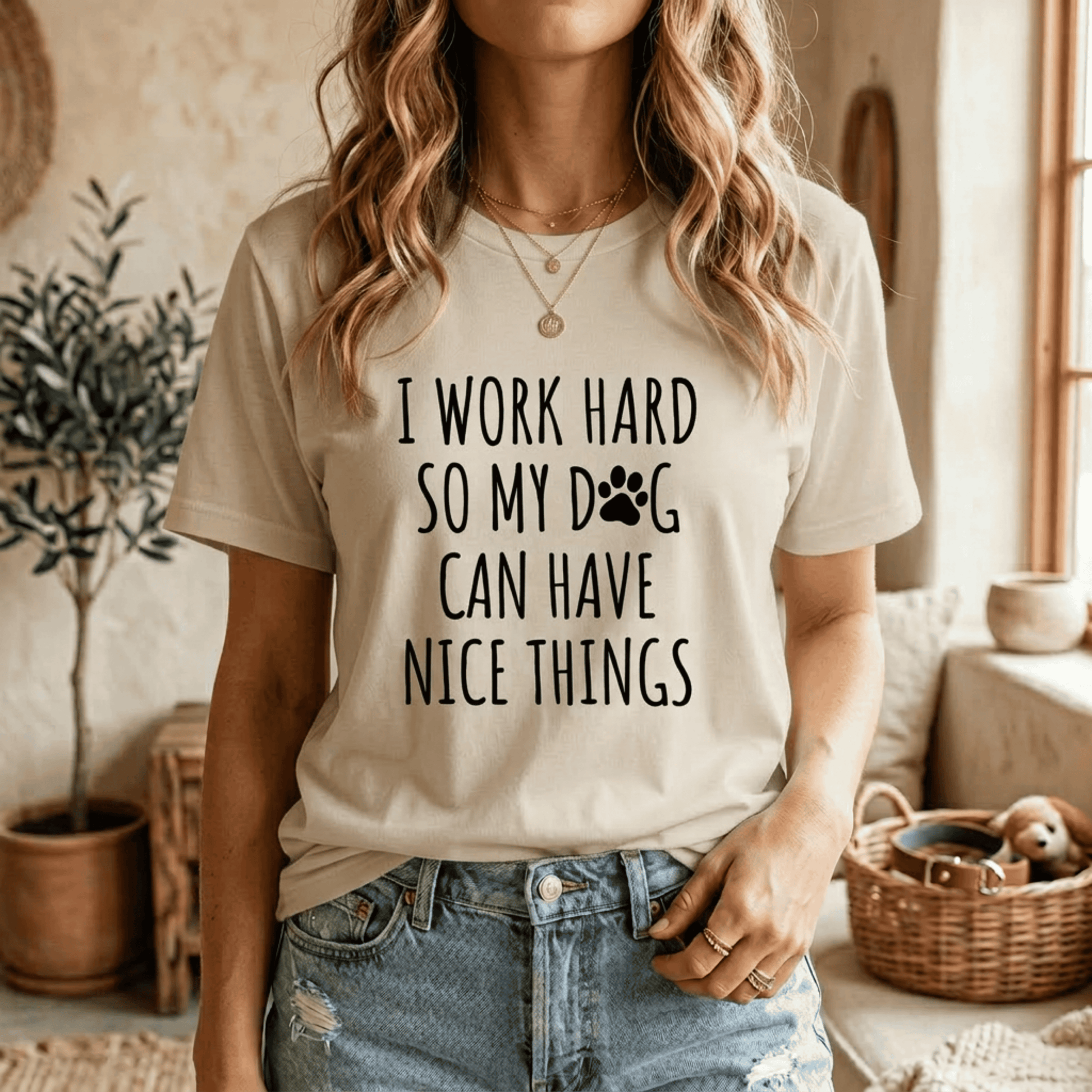 Soft sand colored graphic tee with black text reading "I Work Hard So My Dog Can Have Nice Things," a neutral and stylish Dog Lover T-Shirt for pet owners who spoil their pups.