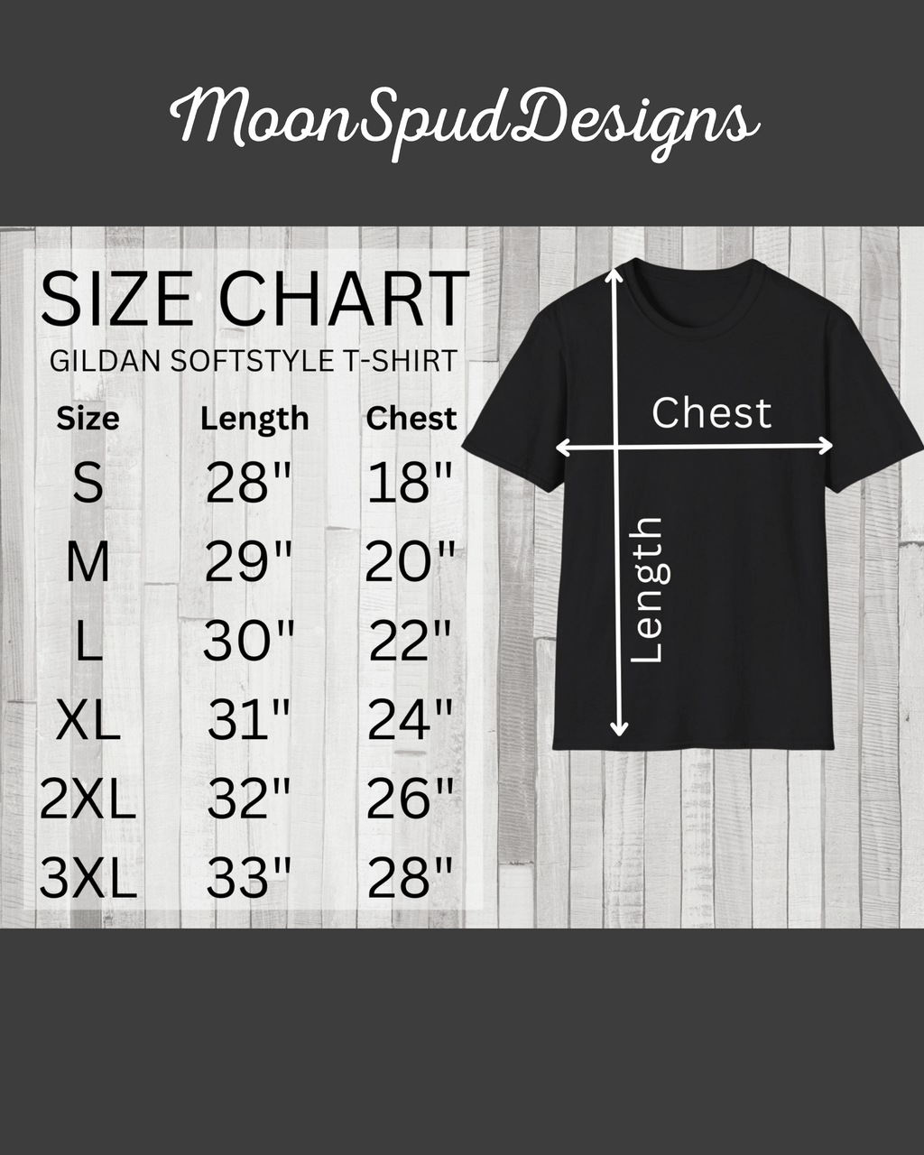 Size chart for the vintage Bigfoot 'Respect The Locals' t-shirt. Gildan Softstyle measurements are: Small - 28" length, 18" chest; Medium - 29" length, 20" chest; Large - 30" length, 22" chest; XL - 31" length, 24" chest; 2XL - 32" length, 26" chest; 3XL - 33" length, 28" chest.