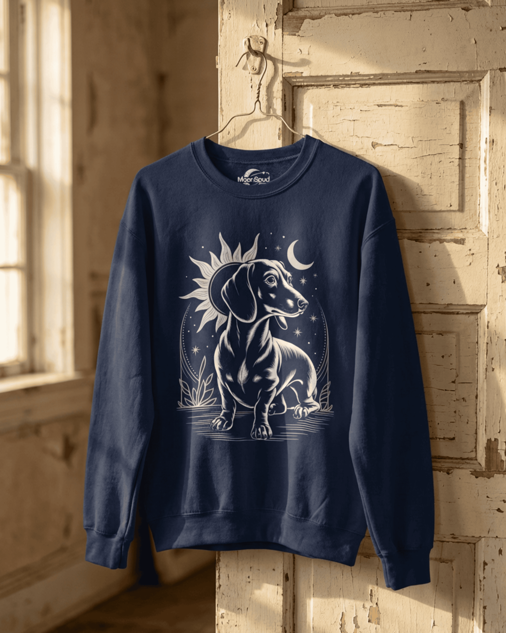 A navy vintage wiener dog pullover sweater hangs in a rustic setting. This cozy sweatshirt for a dog mom features a detailed doxie design with a celestial sun and moon aesthetic, blending comfort and unique style for any long dog lover.