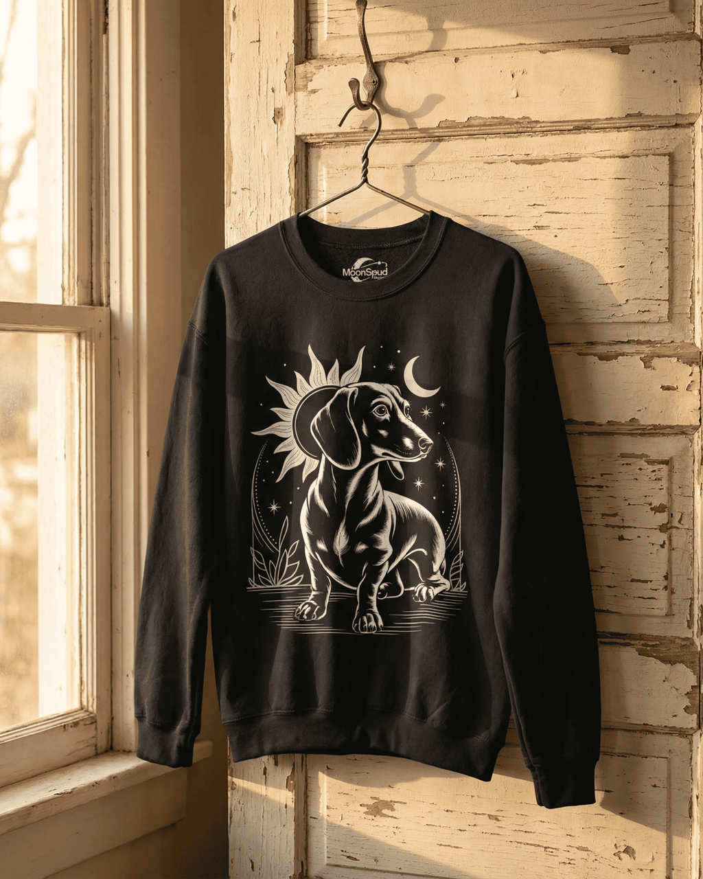 A vintage wiener dog pullover sweater in black hangs from a hook on a rustic, weathered white door. The crewneck top showcases a celestial-themed wiener dog, an ideal gift for a dog mom who loves the long dog aesthetic.