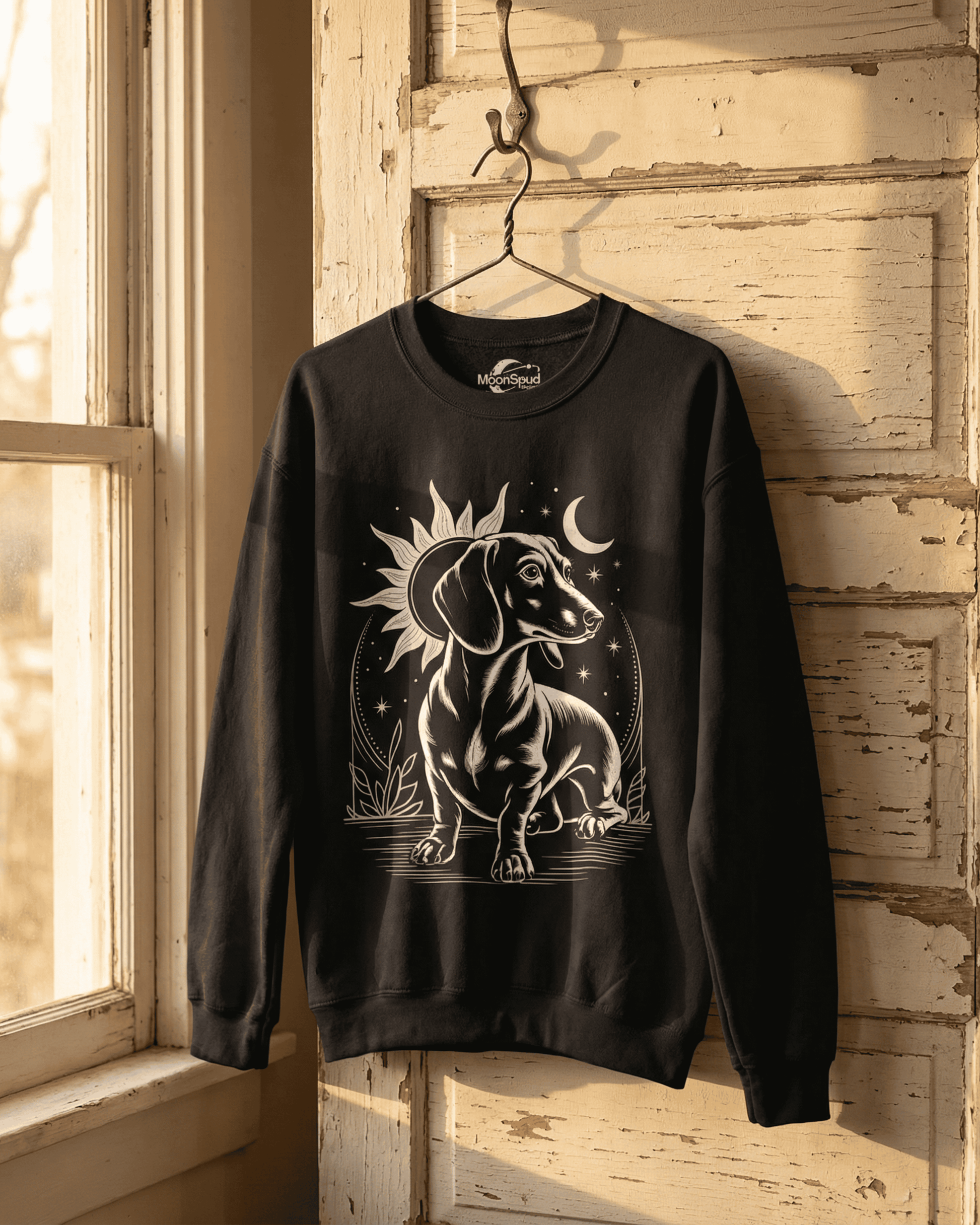 A vintage wiener dog pullover sweater in black hangs from a hook on a rustic, weathered white door. The crewneck top showcases a celestial-themed wiener dog, an ideal gift for a dog mom who loves the long dog aesthetic.