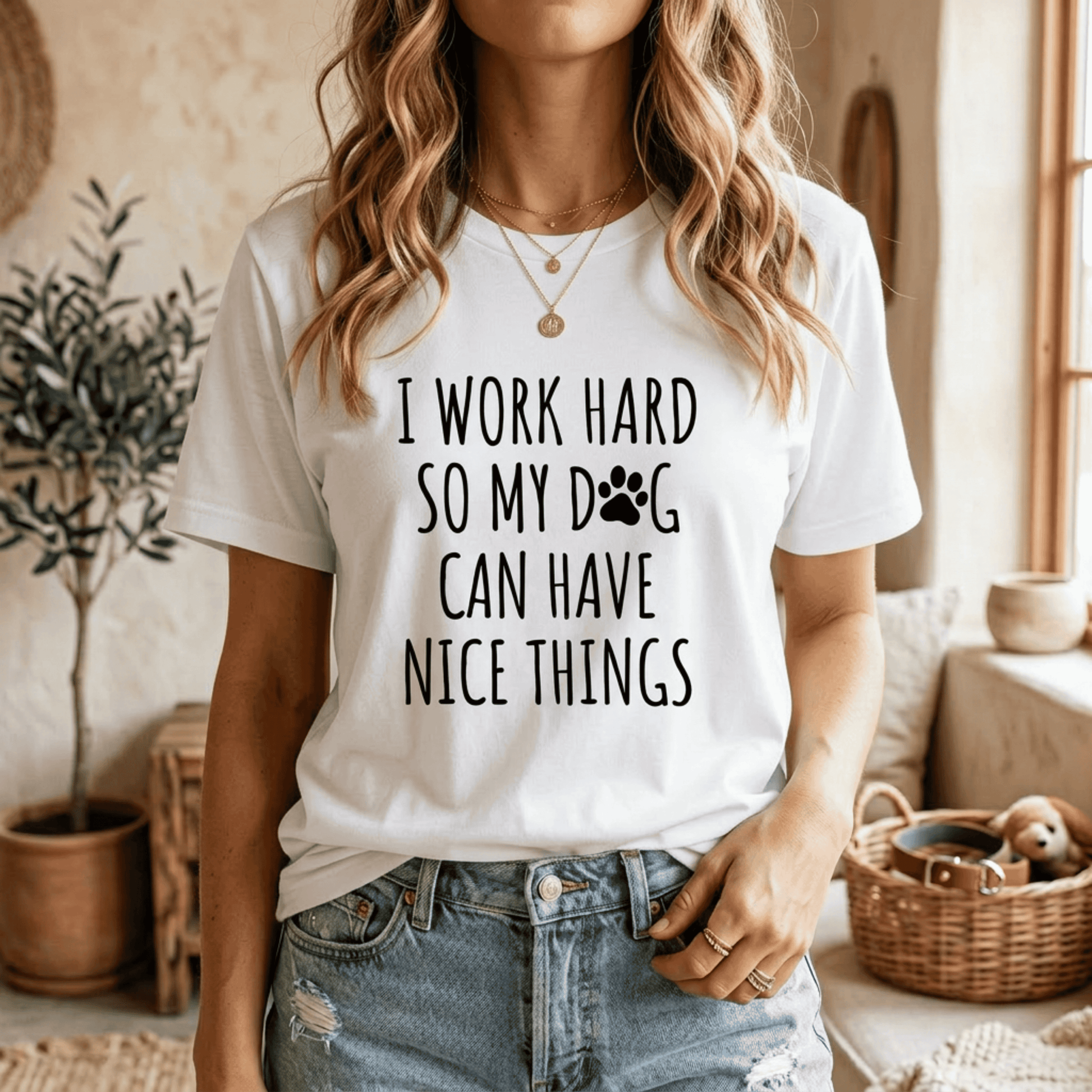 Classic white Dog Mom Mama Dog Dad Tshirt with high-contrast black lettering that says "I Work Hard So My Dog Can Have Nice Things," styled with denim for a clean, everyday look.