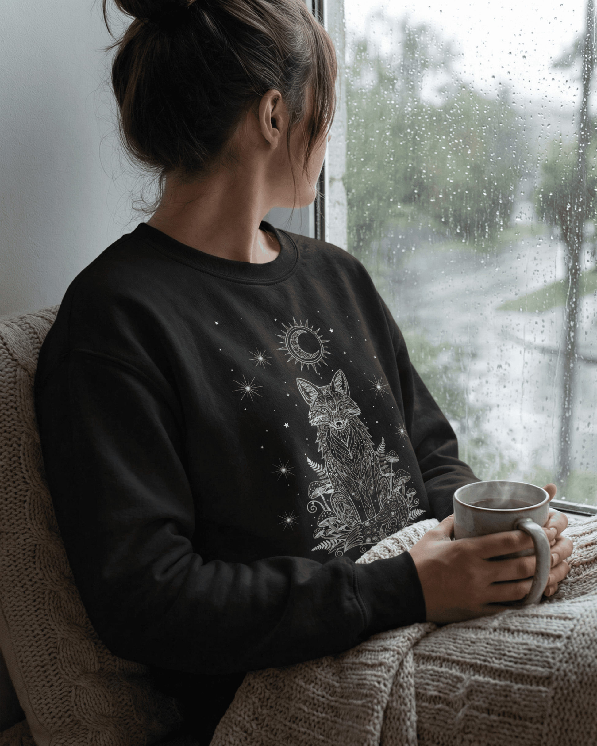 A woman finds comfort on a rainy day, wearing the black Mystical Crewneck Pullover and holding a mug, perfectly capturing a cozy witchy aesthetic.