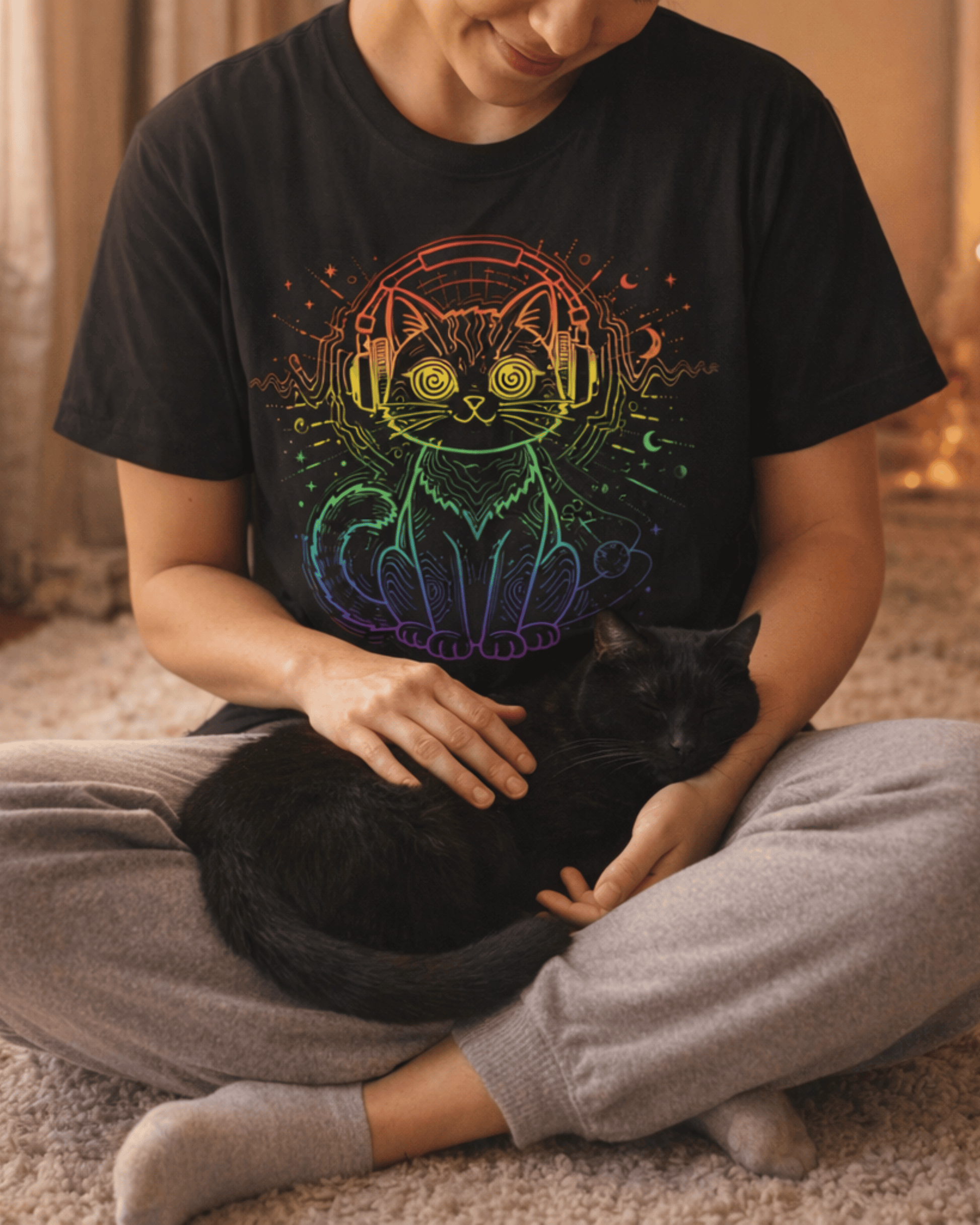 A woman wearing the black Music Lover DJ Cat T-Shirt smiles while petting a real black cat in her lap, creating a heartwarming scene for any cat and house music enthusiast.
