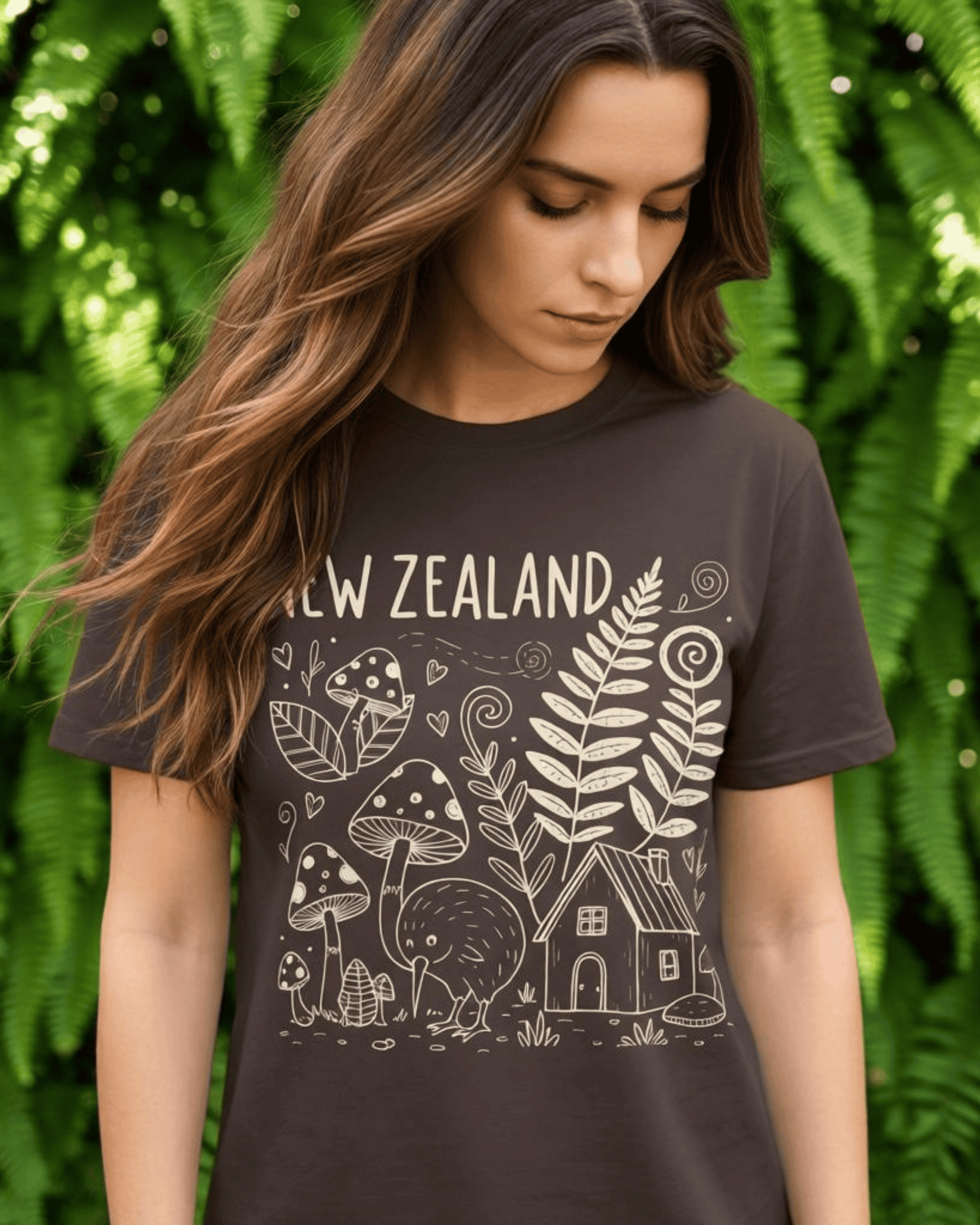 A woman models the brown nature lover T-shirt, showing her NZ pride against a backdrop of lush green ferns. The Kiwi bird doodle is visible on this stylish New Zealand travel top.